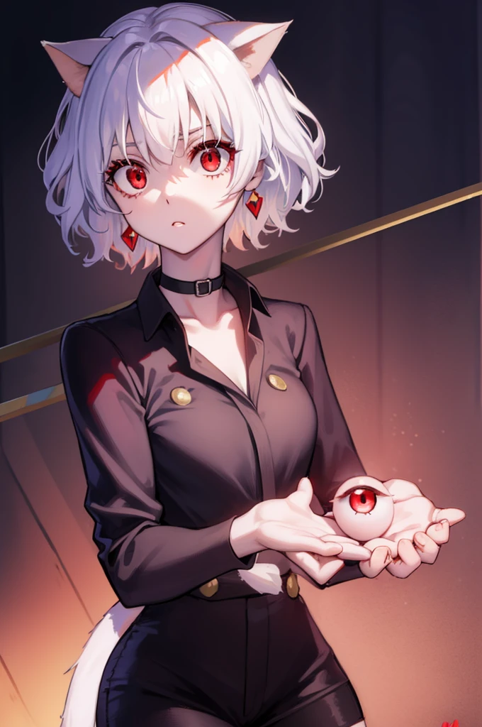 neferpitou, neferpitou, short hair, (red eyes:1.5), long sleeves, animal ears, tail, white hair, shorts, cat ears, cat tail, curly hair, BREAK looking at viewer, BREAK outside, BREAK (masterpiece:1.2), best quality, high resolution, unity 8k wallpaper, (illustration:0.8), (beautiful detailed eyes:1.6), extremely detailed face, perfect lighting, extremely detailed CG, (perfect hands, perfect anatomy),goth girl woman, pale skin, red lips,  japanese bang, high quality, red eyes, simple background, dark background, serious look,  black clothes, choker, detailed face, detailed eyes, black hair, eyelashes, earrings, portrait,