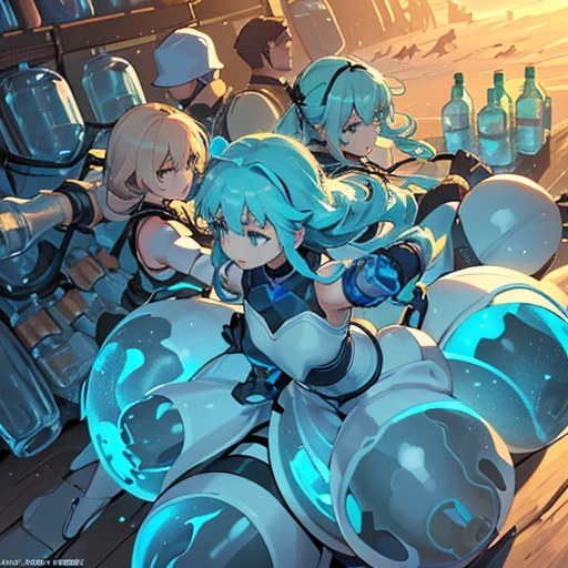 A liquid glass girl who serves an extremely unstable anti-gravity bottle armor.、Amazing dynamism、Amazing Angle、Sandstorm of unstable gravitational buoyancy、(((((Many friendly bottles closely fused and chased each other)))))、((surround each other and whisper&#39;jar of))、