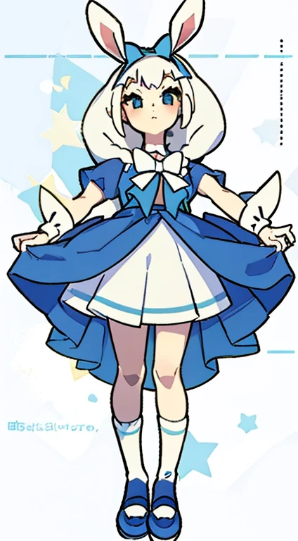 rabbit themed characters with clothing and accessories on them, two of the characters are wearing bunny ears, 1girl, bow, skirt, blue bow, blue skirt, blue eyes, hat, braid, socks, white hair, hair bow