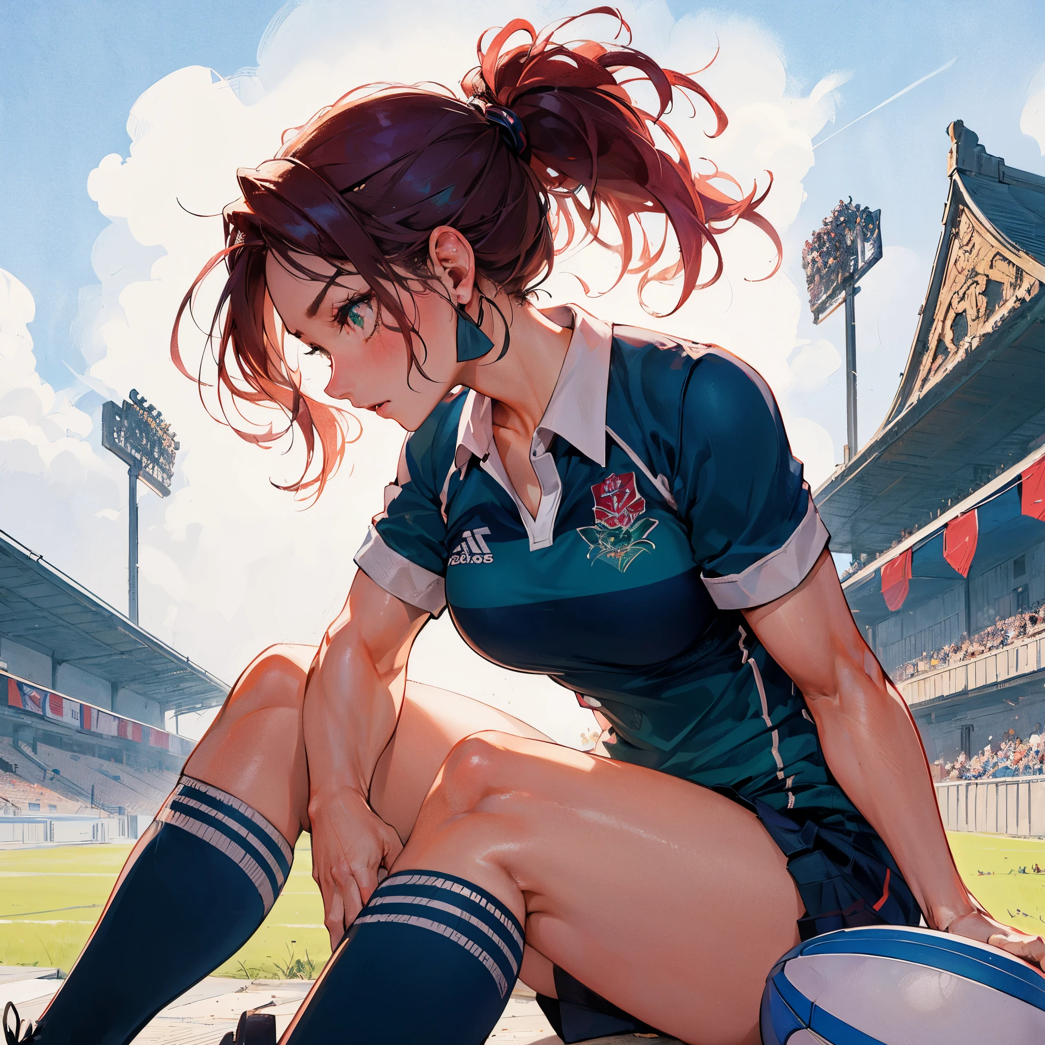 (Best Quality, masutepiece),ultra detailed photographic,1girl in, Women's Rugby Players ,Large breasts,trained abs,nice legs,hold a rugbyball At the rugby venue,Detailed beautiful face,Beautiful eyes,detailed hairs,detailed  clothes,Detailed realistic skin,Cool,Dynamic Angle,
