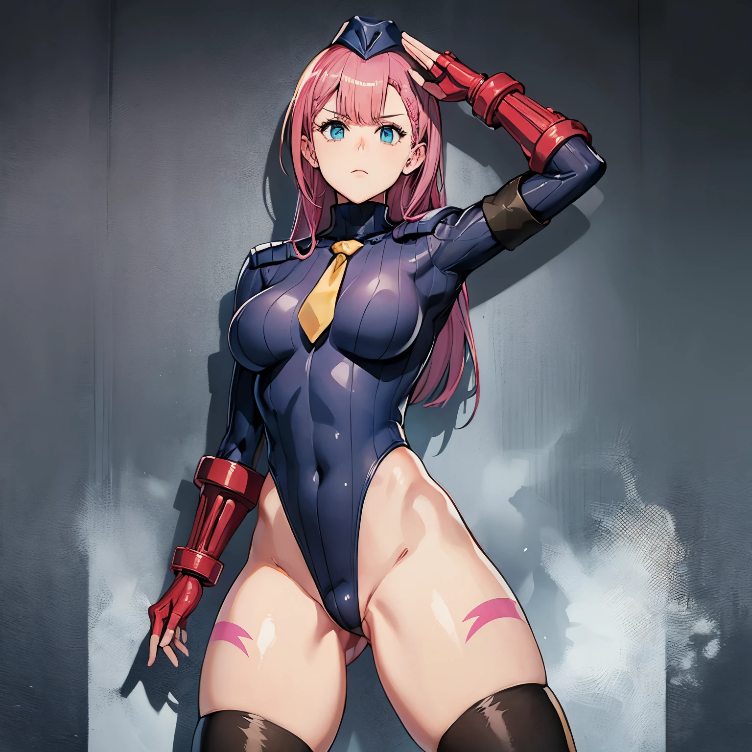 ultra-detailed, Explicit, Beautiful body, Beautiful Nose, Beautiful character design, perfect eyes, perfect face, ultra highres, 4K, beautiful legs, perfect legs, Nice hands, Perfect hand, Masterpiece, Best Quality, Highly detailed, illustration, absurdres, street fighter, doll suit, shadaloo doll, dollsuit, expressionless, blank eyes, looking at viewer, red gloves, emotionless, black latex, corrution, mind control, female combatant, full body, hypnotized, unhappy trance, full body suit, ribbed bodysuit, both arms at side, obey, perfect female body, extremely glossy latex, hypnosis, hypnoLora, empty eyes, Mind control device, poses, submissive_pose, Slave, hat, necktie, stand up straight, standing, standing at attention, hat, necktie, belt, latex, ribbed bodysuit, thighhighs, garter belt, Fighting Stance, extending the right arm from the shoulder into the air with a straightened hand, nazi saluting, military, military saluting, salute, thigh boots, solo, 1girl, We Never Learn, Mafuyu Kirisu, pink hair, long hair, blue eyes