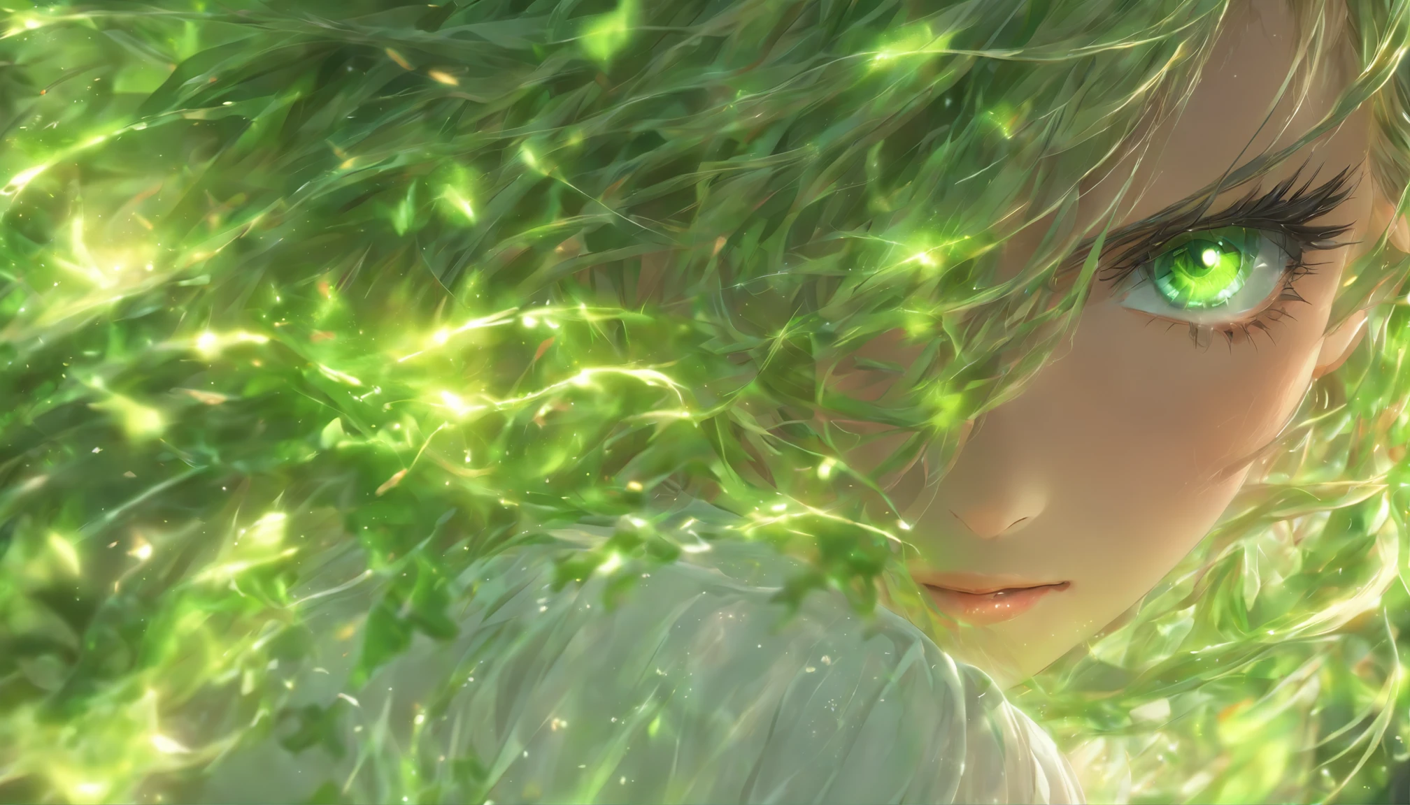((best quality)), ((Meisterwerk)), (detailliert), Highly detailed girl wearing wet white blouse, Brustwarzen sind zu sehen, da durchsichtige Sommersprossen mit doppeltem Haarknoten, very beautifully made-up green eyes, dunkles Waldmondlicht, ultrarealistisch, 8K wet hair strands, die am Gesicht kleben