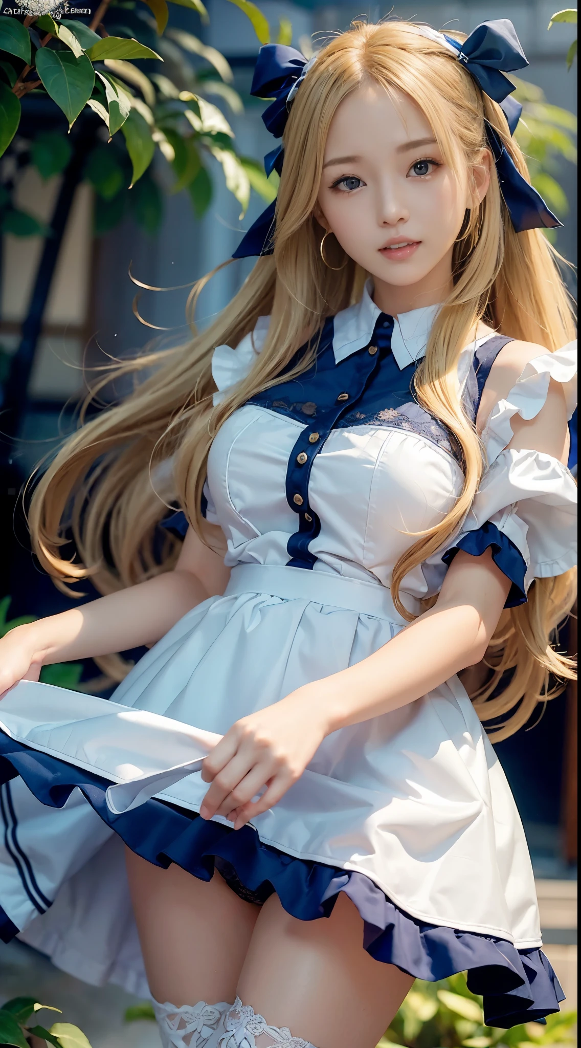 (Very cute 20 year old young woman from Japan),  ((bright blonde delicate hair)), ((Short hair with side wave twintails)),(((Slender and slender body type)))，medium bust size､small tits､ (((Clean hands)))，(Curly hair)，(((Very sweet smile))), (((She is wearing navy blue and white lace panties)))，(((She is wearing a navy blue and white knit dress.))) ，((of the highest quality, 16 K, masutepiece: 1.3)), Light on Face, hyperdetailed face, very detailed lips, Detailed eyes,