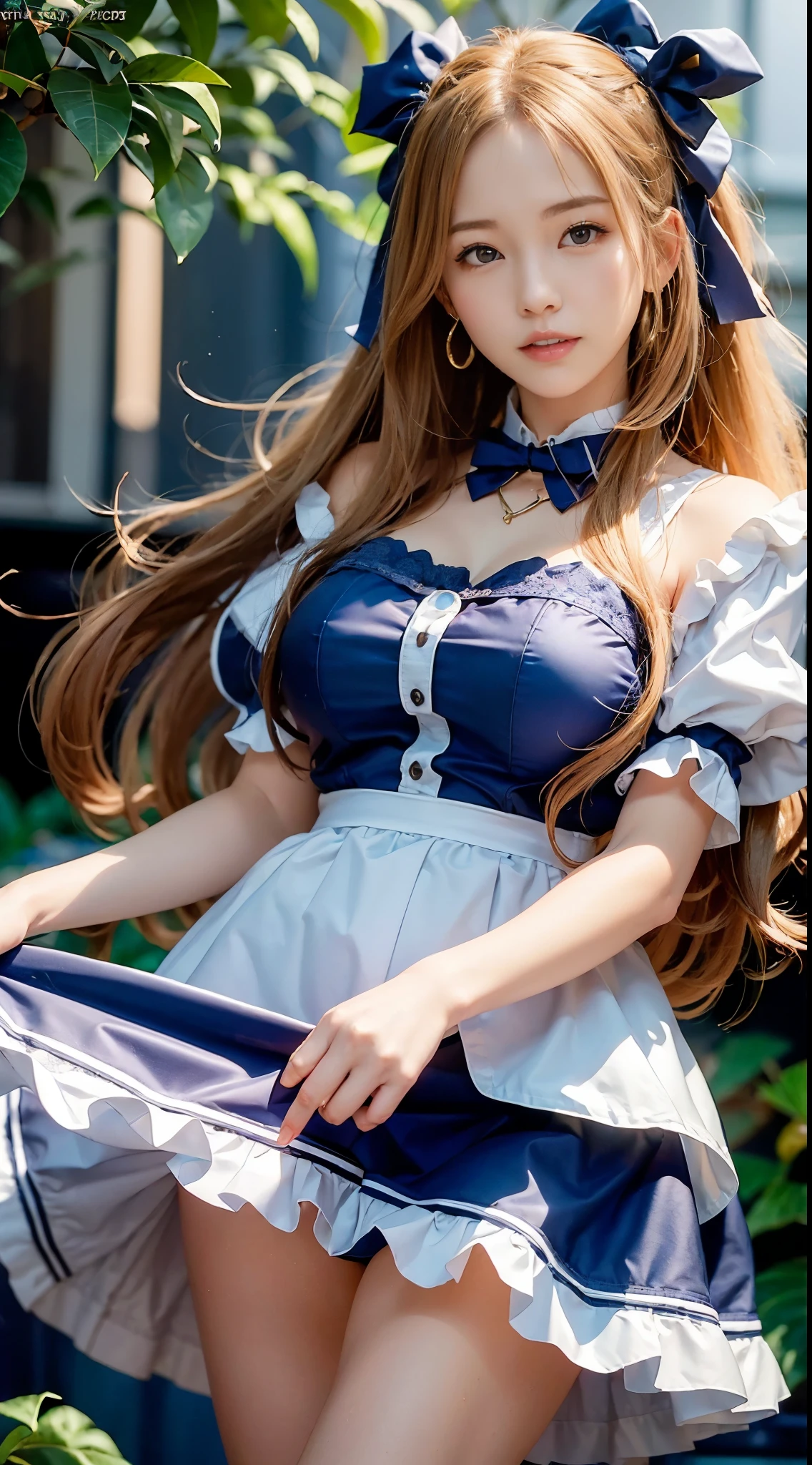 (Very cute 20 year old young woman from Japan), ((bright blonde delicate hair)), ((Short hair with side wave twintails)),(((Slender and slender body type))),medium bust size、small tits、 (((Clean hands))),(Curly hair),(((Very sweet smile))), (((She is wearing navy blue and white lace panties))),(((She is wearing a navy blue and white knit dress.))) ,((of the highest quality, 16 K, masutepiece: 1.3)), Light on Face, hyperdetailed face, very detailed lips, Detailed eyes,