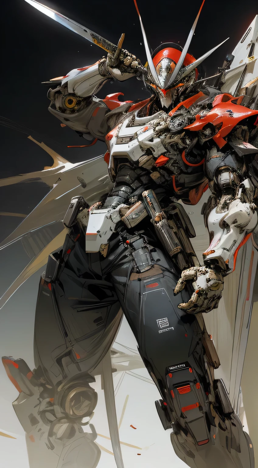 Raw photo, Dark Fantasy, Cyberpunk, (Big Revolver, Sword Man, Yellow: 1.1), 1man, Mechanical Wonder, Robotic Presence, Cybernetic Guardian, red, white, samurai Gundam, extremely high detailed, half-body, Kamen rider tycoon,