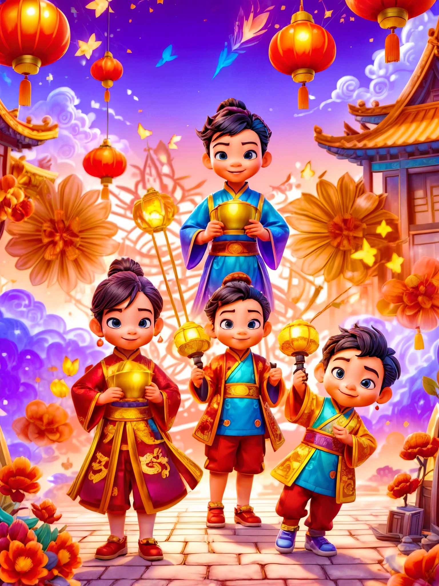 pixar-style, (Faraway view: 1.8), (China - Chic Chinese New Year New Year&#39;s Day, Anatomically correct, fire works，lanterns，Oriental elements), (5 cute children wearing down jackets，Hold a fairy stick，燃放fire works，手里拿着fire works), (China - Fashion illustration: 1.5, vector drawing: 1.5), (Chinese color, senior color matching, gradient backgrounds, white backgrounid: 1.5), (The is very detailed, Well designed, Clear lines, k hd, Best quality at best, tmasterpiece, offcial art, movie light effect, 8K)