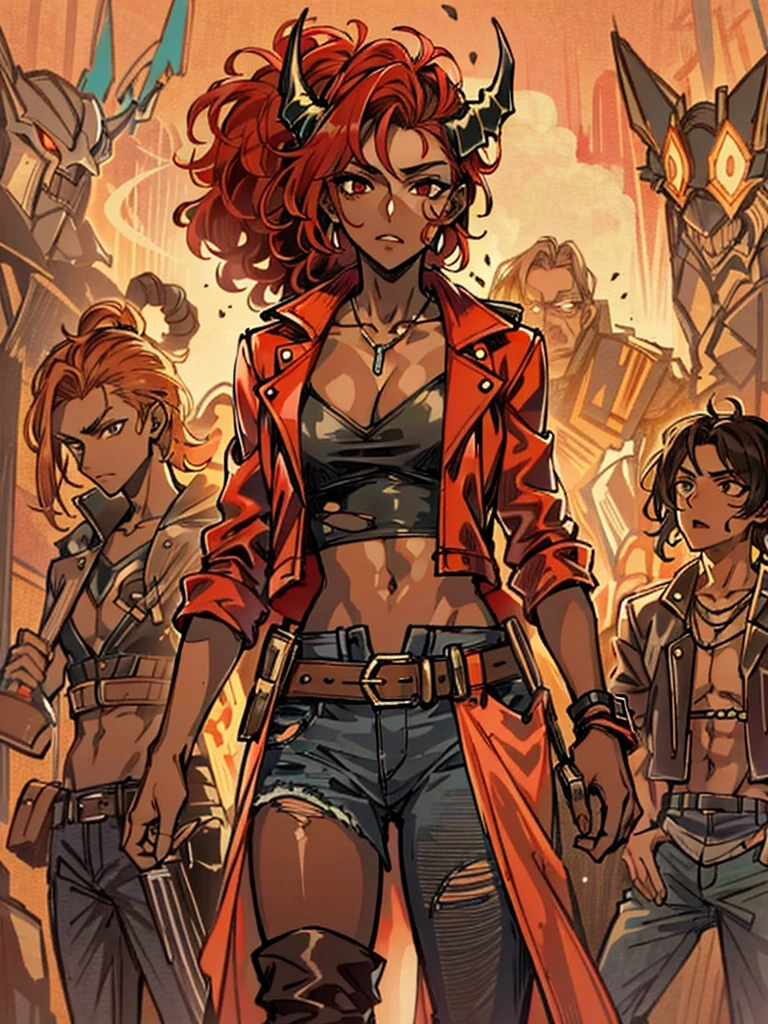 2 characters standing together, a shorter young man with red hair and peach skin dressed in leather armor with black eyes is berating a taller dark-skinned girl with horns in her head, curly red hair and red eyes wearing a short leather jacket, a crop top and torn jeans