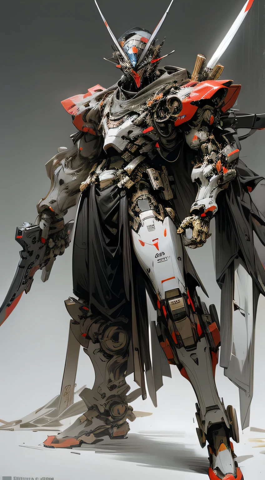 Raw photo, Dark Fantasy, Cyberpunk, (Big Revolver, Sword Man, Yellow: 1.1), 1man, Mechanical Wonder, Robotic Presence, Cybernetic Guardian, red, white, samurai Gundam, extremely high detailed, half-body, Kamen rider tycoon,