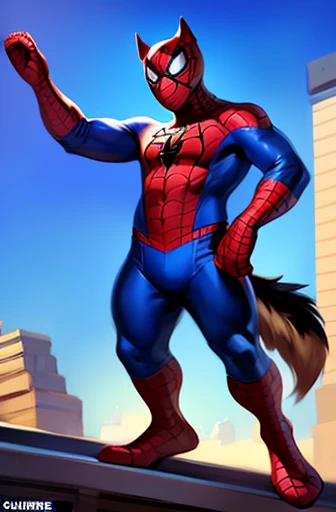 solo, german shepherd, overweight, wearing red and blue spiderman, spiderman spandex costume, classic spiderman suit print, unmasked, no masked, full body view, frontal shot, at top of building rooftop, by darkgem by chunie by juiceps, digital art, comic art style