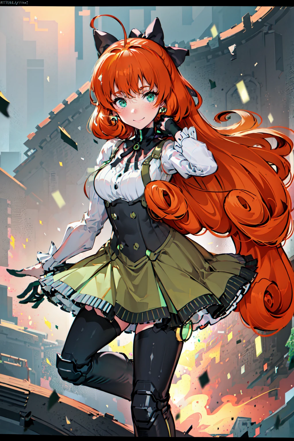 pennymk2, detailed face, beautiful, blur, depth of field, green eyes, freckles, black bow, (power symbol:1.2), black ribbon, black thighhighs, mechanical legs, smile, long hair, juliet sleeves, white blouse, suspender skirt, corset, buttons, orange hair, 8k wallpaper, octane render, cinematic lighting, best quality, highres, absurdres, sharp focus, (8k), (4k), (Best Quality), fantasy, extremely detailed, intricate, hyper detailed, (perfect face), illustration, soft lighting, (specular lighting:1.4), happy face, smile, full body, full, salute, pose, (masterpiece), (best quality), (sharp focus), (depth of field), (high res)