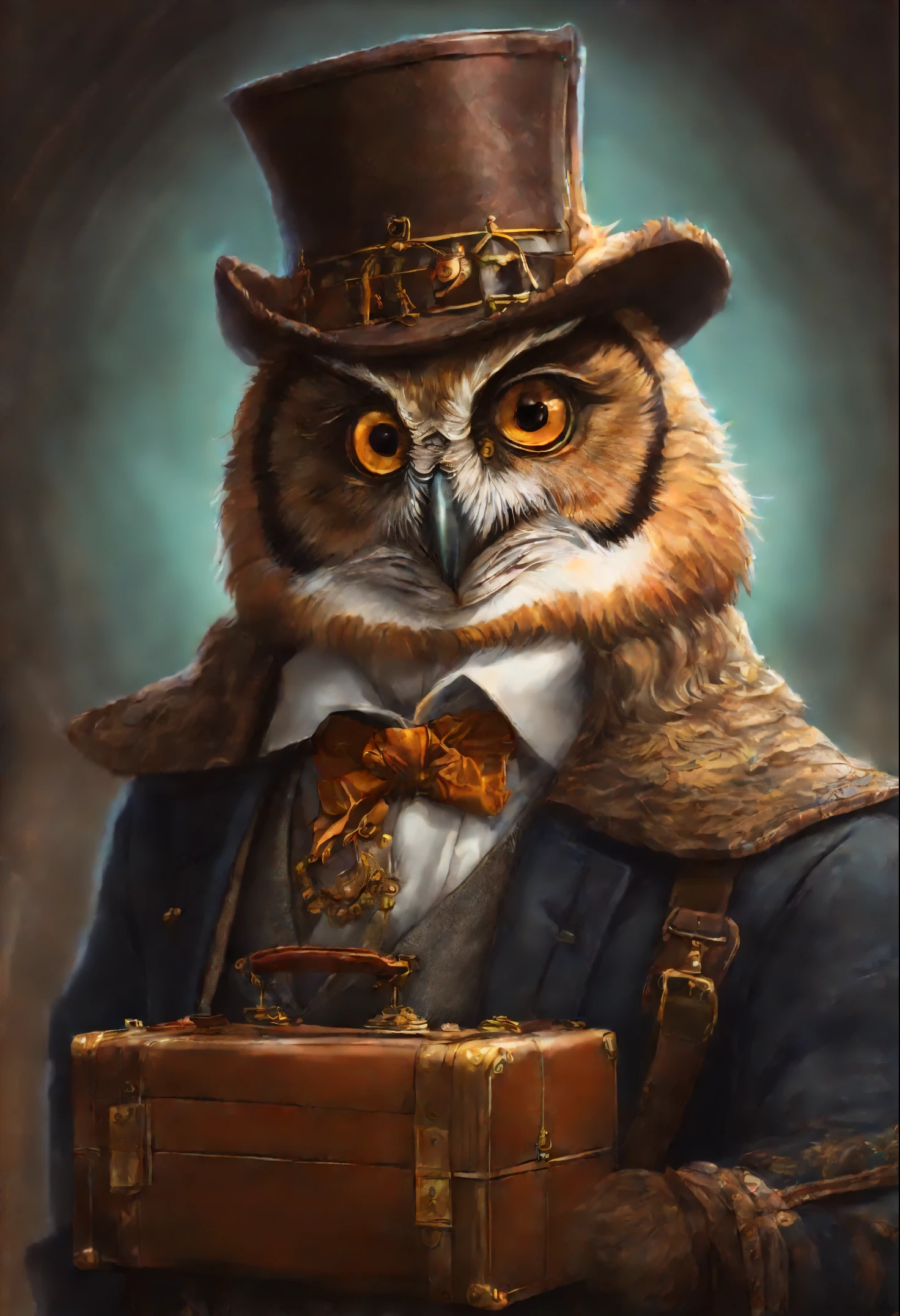 there is a man in an owl mask and with a suitcase, The Wizard of the Owl, dressed in period costume, expert high detail concept art, professor clothes, gentleman, academy director, masterpiece anthro portrait, From Cryptid Academia, based on Max Magnus Norman, A worthy aristocrat, Steampunk Master, Close-up portrait of an artisan, Male artisan