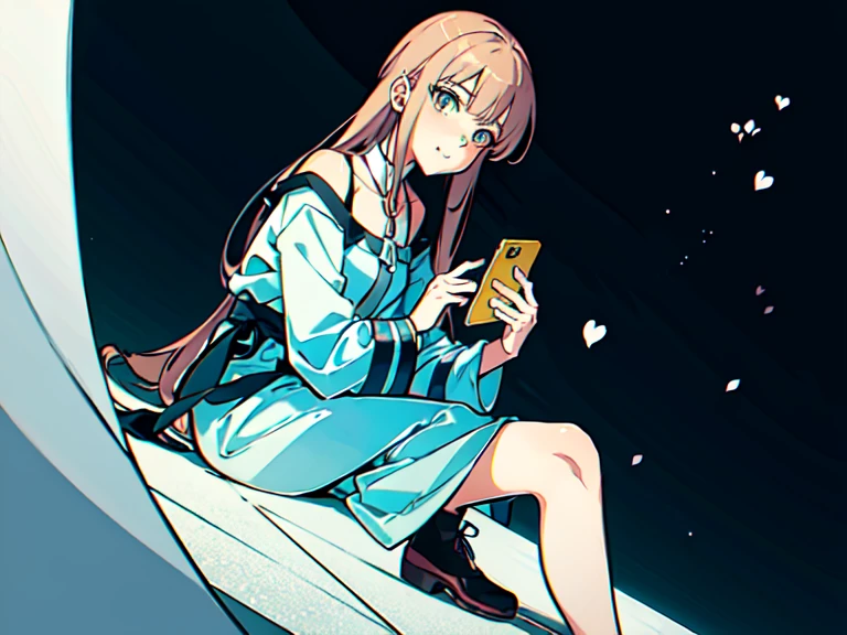 1girl in, 2 d anime style, anime art style моэ, Jazz & Sublime, cute art style, Иллюстрация in anime style, anime girl, Author: Kamagurka, at pixiv, pixiv style, pixiv, in anime style, anime art style, extends his hand to the viewer, holding the phone with shoulder length hair,