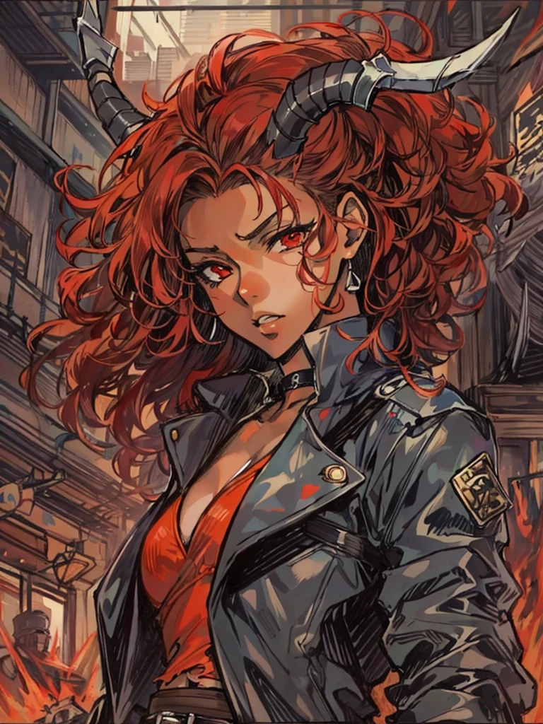 Masterpiece, best quality, high-res, extremely detailed, solo, a character portrait inspired by Masamune Shirow, trending on pixiv, by Masamune Shirow, 1girl, (dark brown skin tone:1.2), red eyes, red hair, red curly hair, horns, short leather jacket, sleeves, abs, gloves, pants, torn pants, choker, belt, crop top