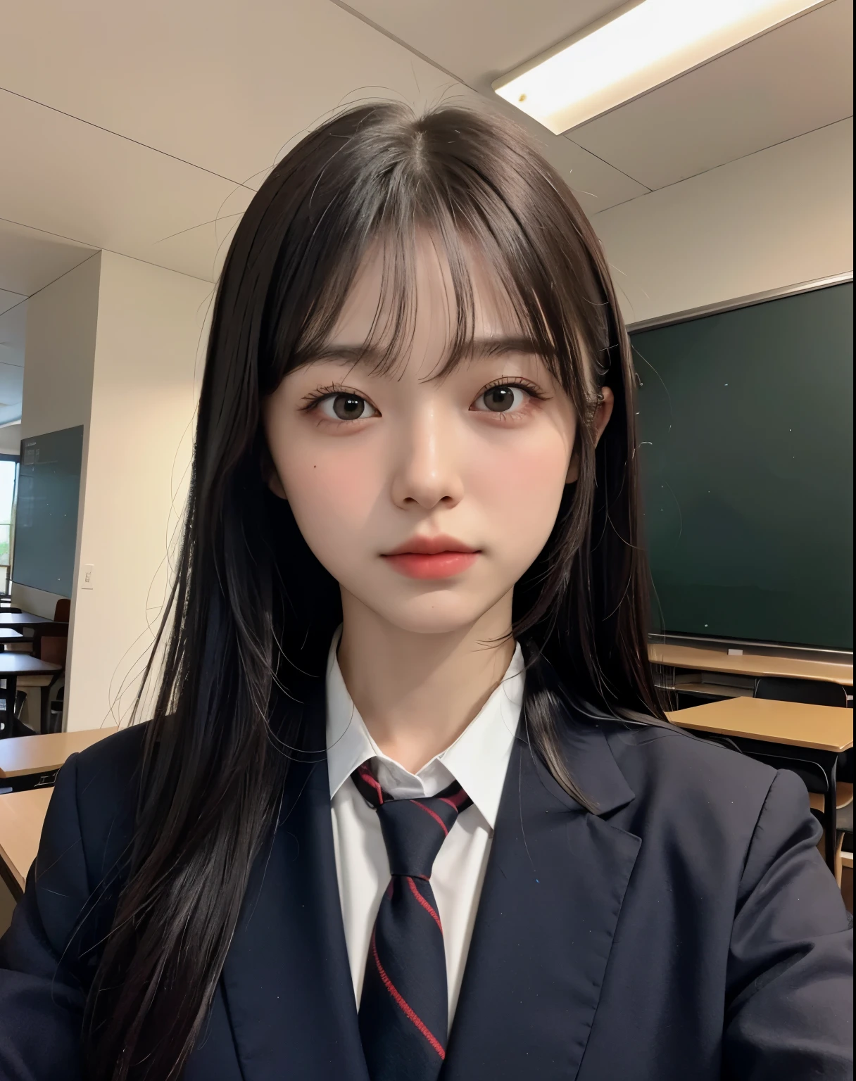 ((top-quality))、(​masterpiece:1.3)、Raw photography、8K、Top image quality、 Top resolution、Beautiful face in every detail、realisitic、Photorealsitic、Beautie、((Beautuful Women))、a small face、(Longhaire)、Straight hair、School uniform、High school girl uniform、(schools:1.3)、With bangs、‎Classroom、(28-year-old beauty)、Attractiveness of adult women