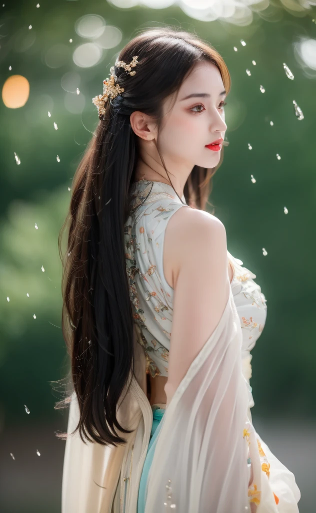((Best Quality, 8k, Masterpiece: 1.3)), Focus: 1.2, Perfect Body Beauty: 1.4, Buttocks: 1.2, ((Layered Haircut)), (Wet Clothes: 1.1), (Rain, Street:1.3), (Breasts: 1.2), (Hanfu: 1.2), Bare Shoulders, Bare Legs, Highly Detailed Face and Skin Texture, Fine Eyes, Double Eyelids, Whitened Skin, Long Hair, (Shut Up: 1.5), (Bokeh Background: 1.5), Big Breasts