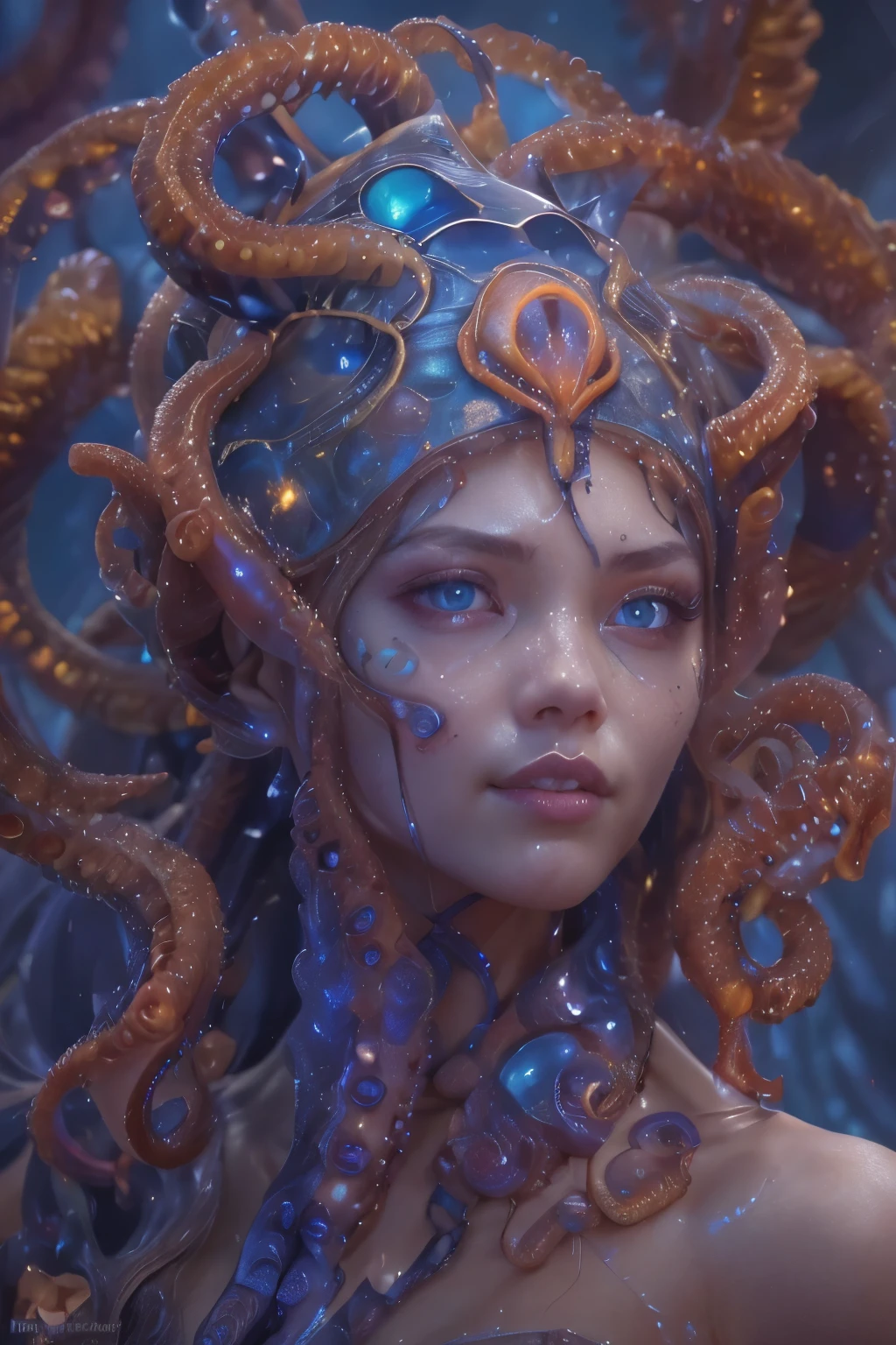 Portrait, (beautiful female alien:1.2),  (she has red eyes with no pupils:1.8), (Translucent skin:1.7),  (There is a female genital-like organ in the middle of the forehead:1.9), (The most beautiful face in the history of the universe:1.2),an evil gaze that seduces, (large mouth:1.1), (sharp teeth like a vampire:1.2), Full body like, (bio luminescent:1.5), (Smile wickedly:1.3),  (sexypose:1.5), alien, No humans, cells are fused, (Lots of translucent tentacles:1.3) extraterrestrial, cell, bio image, Best Quality, 8K,4K_quality, High Definition, Dramatic Lighting, masutepiece:1.5,cinematic quality, detail up, (Intricate details:1.2), High resolution, High Definition, drawing faithfully, (Thick eyebrows:1.2), Beautiful eyes with fine symmetry,(Highly detailed face and eyes:1.2), Intimate face, (Super detailed skin quality feeling:1.4), Perfect Anatomy,  (Beautiful toned body:1.5),  (Moist skin:1.2), No makeup, (dark circles:1.1), long canines, cinematic drawing of characters, ultra high quality model, cinematic quality, detail up, (Intricate details:1.2), High resolution, High Definition, drawing faithfully, Official art, Unity 8K wall  , 8K Portrait, Best Quality, Very High resolution, ultra detailed artistic photography, midnight aura,  unreal enginee 5, Ultra Sharp Focus, art by alberto seveso, ArtGerm, Roisch, intricate artwork, best quality, masutepiece, ultra High resolution, (photos realistic:1.4), Ultra-realistic realism, dream-like,  nautilus, Creation of fantasy, Snail, Dream Snail,  biopunk nautilus, Thrilling color schemes， Ultra-realistic realism， seductively smiling, Blue tentacles,