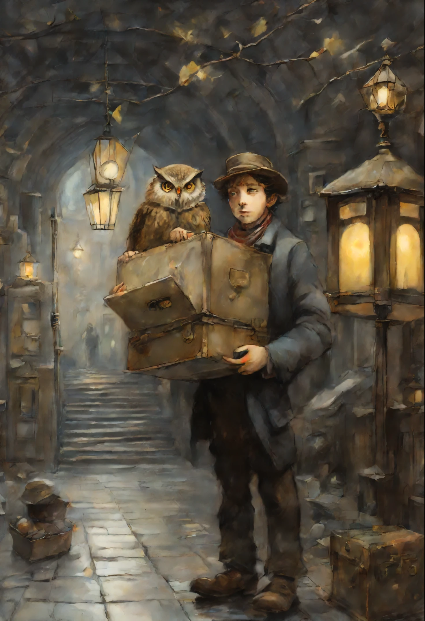 真实感, a painting, Fantastic tale, Christmas style, John Tolkien style, Small painting by Jean-Baptiste Monge, ,Anime style,Makoto Shinkai, Harry did his best to, so as not to panic. According to the big vocal clock, he had ten minutes left to do so, to take the train to Hogwarts, but he had no idea, how can he do this. He stood in the middle of the platform with a huge suitcase, which could hardly be lifted off the ground, with pockets, full of magic money, and with a cage, where the big owl sat ,New Year's decorations.((scary decoration))(((tmasterpiece))), ((The best quality at its best)), ((intricate detials)), ((hyper realisitc))(8K), Jean-Baptiste Monge, anthropomorphic --ar 2:3 --testp -optimistic; Straight hair, panorama,