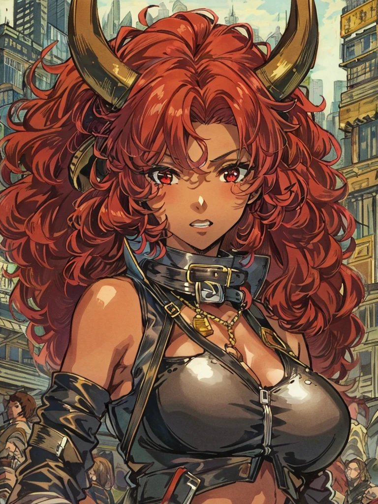 Masterpiece, best quality, high-res, extremely detailed, 1girl, (dark brown skin tone:1.2), red eyes, red hair, red curly hair, horns, short leather jacket, sleeves, abs, gloves, pants, torn pants, choker, belt, crop top, solo, a character portrait inspired by Masamune Shirow, trending on pixiv, by Masamune Shirow