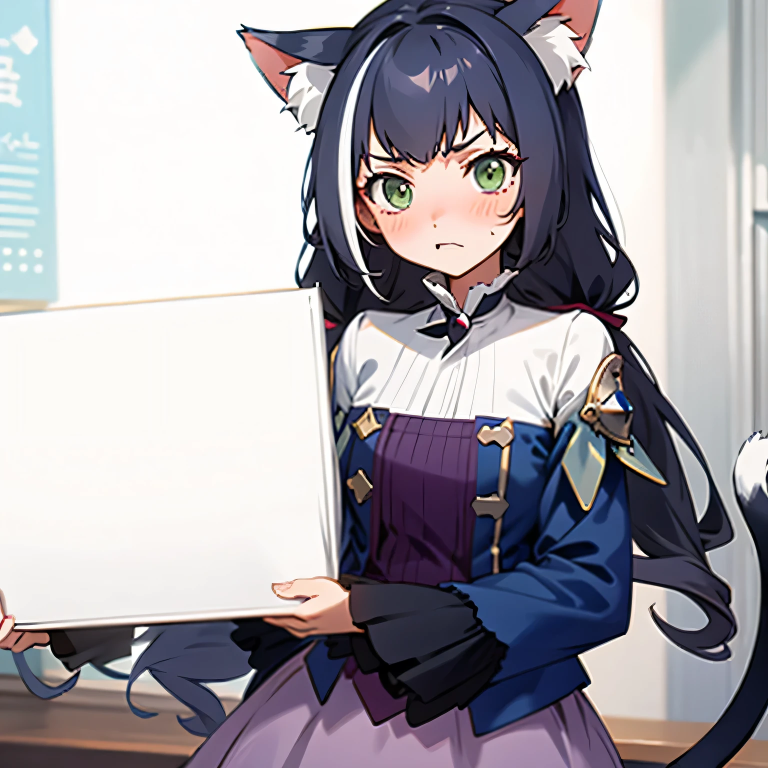 Masterpieces, Game style, girl with, gloom, I&#39;m sorry, yeah, worried, navy blue clothes with navy blue sleeves, Tube neck lilac skirt, Cat ears, Green eyes, Long hair, Black hair, With twin tails, with black cat tail, white tip of tail, Hold a large whiteboard in front of your chest with both hands., There is a silver stripe in her bangs above her right eye., in room