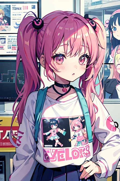 Yume Cute、an anime girl、Head and body are low、Deformed、cartoon、Sickly cute、Harajuku、Casual clothing、Kitschy aesthetics、long eyelashes、lipgloslack hair twintails、subculture、Newspaper background with line chart