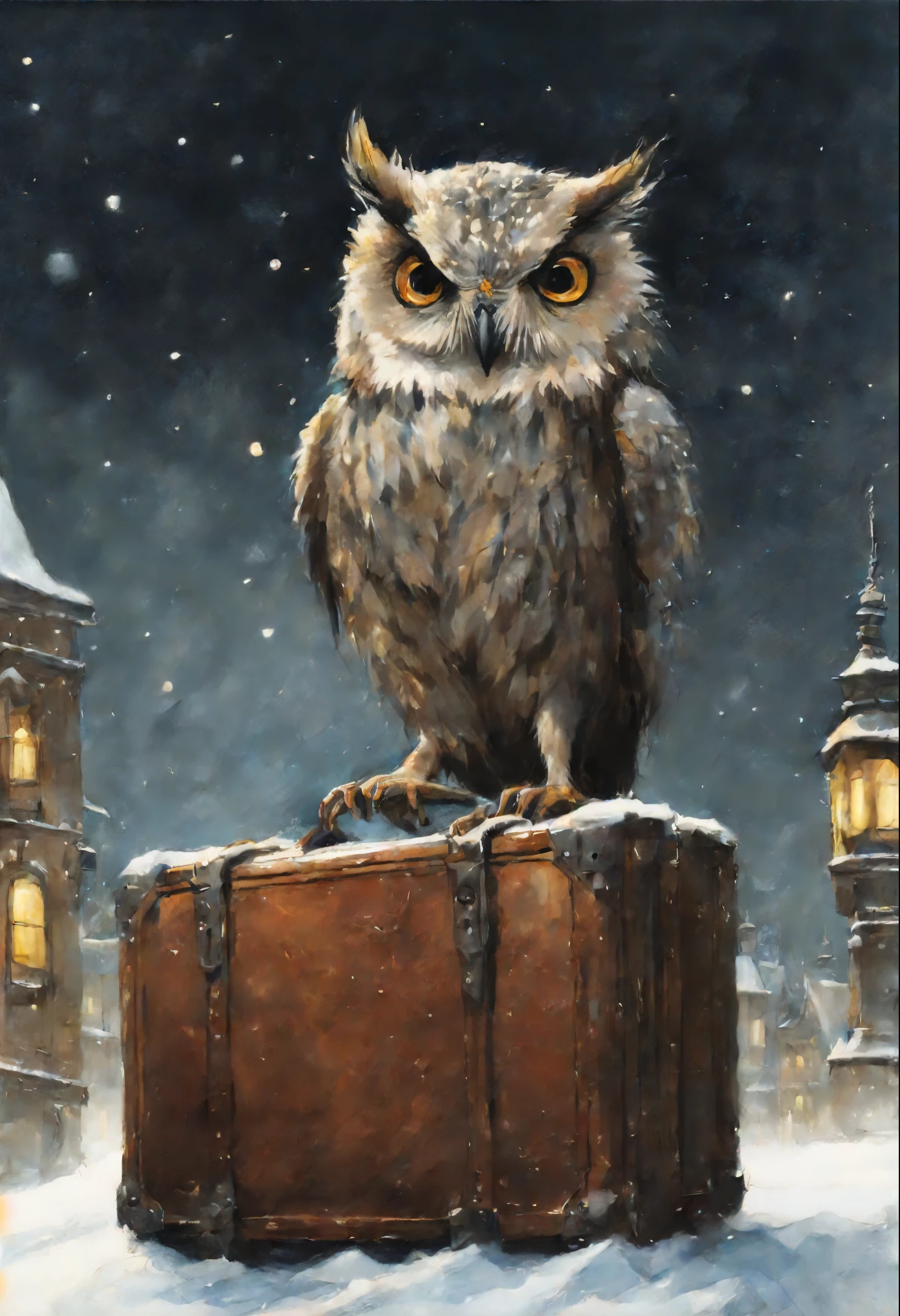 真实感, a painting, Fantastic tale, Christmas style, John Tolkien style, Small painting by Jean-Baptiste Monge, ,Anime style,Makoto Shinkai, Harry did his best to, so as not to panic. According to the big vocal clock, he had ten minutes left to do so, to take the train to Hogwarts, but he had no idea, how can he do this. He stood in the middle of the platform with a huge suitcase, which could hardly be lifted off the ground, with pockets, full of magic money, and with a cage, where the big owl sat   ,New Year&#39;s decorations.（（scary decoration））（（（tmasterpiece）））， （（The best quality at its best））， （（intricate detials））， （（hyper realisitc））（8K）, Jean-Baptiste Monge, anthropomorphic --ar 2:3 --testp -optimistic;  Straight hair,  panorama,