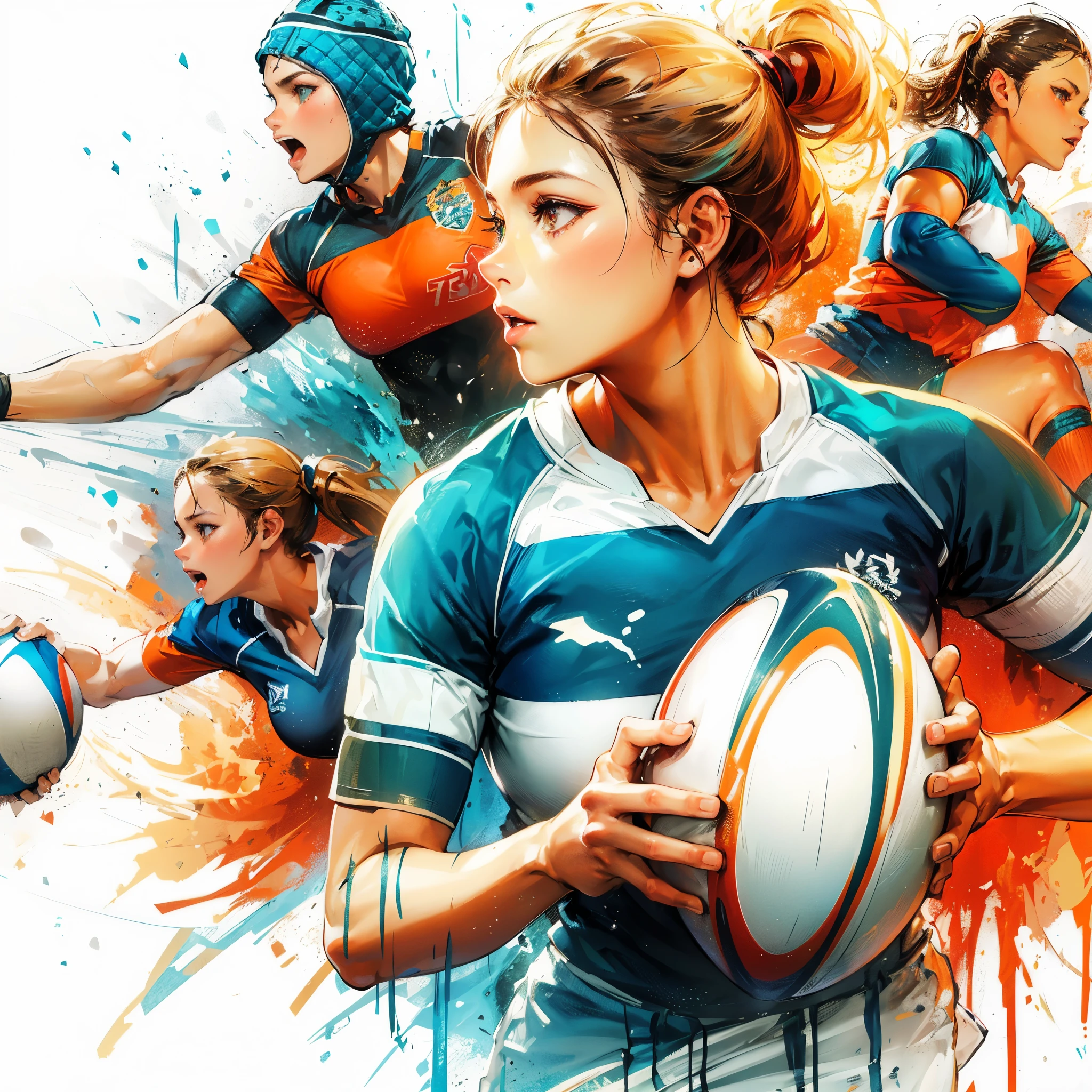 There are many women playing a game of rugby with a ball - SeaArt AI