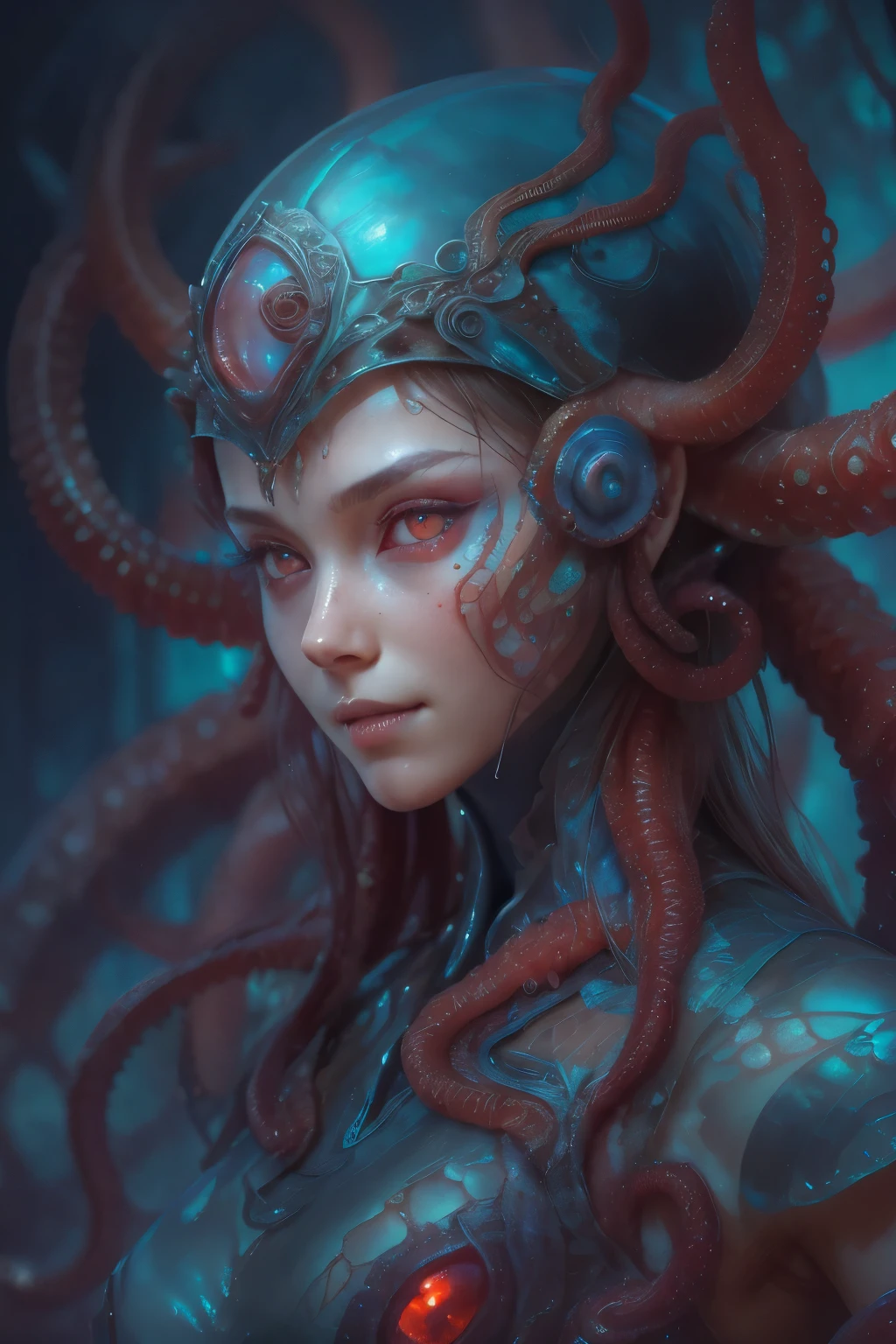 Portrait, (beautiful female alien:1.2), (she has red eyes with no pupils:1.8), (Translucent skin:1.7), (There is a female genital-like organ in the middle of the forehead:1.9), (The most beautiful face in the history of the universe:1.2),an evil gaze that seduces, (large mouth:1.1), (sharp teeth like a vampire:1.2), Full body like, (bio luminescent:1.5), (Smile wickedly:1.3), (sexypose:1.5), alien, No humans, cells are fused, (Lots of translucent tentacles:1.3) extraterrestrial, cell, bio image, Best Quality, 8K,4K_quality, High Definition, Dramatic Lighting, masutepiece:1.5,cinematic quality, detail up, (Intricate details:1.2), High resolution, High Definition, drawing faithfully, (Thick eyebrows:1.2), Beautiful eyes with fine symmetry,(Highly detailed face and eyes:1.2), Intimate face, (Super detailed skin quality feeling:1.4), Perfect Anatomy, (Beautiful toned body:1.5), (Moist skin:1.2), No makeup, (dark circles:1.1), long canines, cinematic drawing of characters, ultra high quality model, cinematic quality, detail up, (Intricate details:1.2), High resolution, High Definition, drawing faithfully, Official art, Unity 8K wall , 8K Portrait, Best Quality, Very High resolution, ultra detailed artistic photography, midnight aura, unreal enginee 5, Ultra Sharp Focus, art by alberto seveso, ArtGerm, Roisch, intricate artwork, best quality, masutepiece, ultra High resolution, (photos realistic:1.4), Ultra-realistic realism, dream-like, nautilus, Creation of fantasy, Snail, Dream Snail, biopunk nautilus, Thrilling color schemes, Ultra-realistic realism, seductively smiling, Blue tentacles,