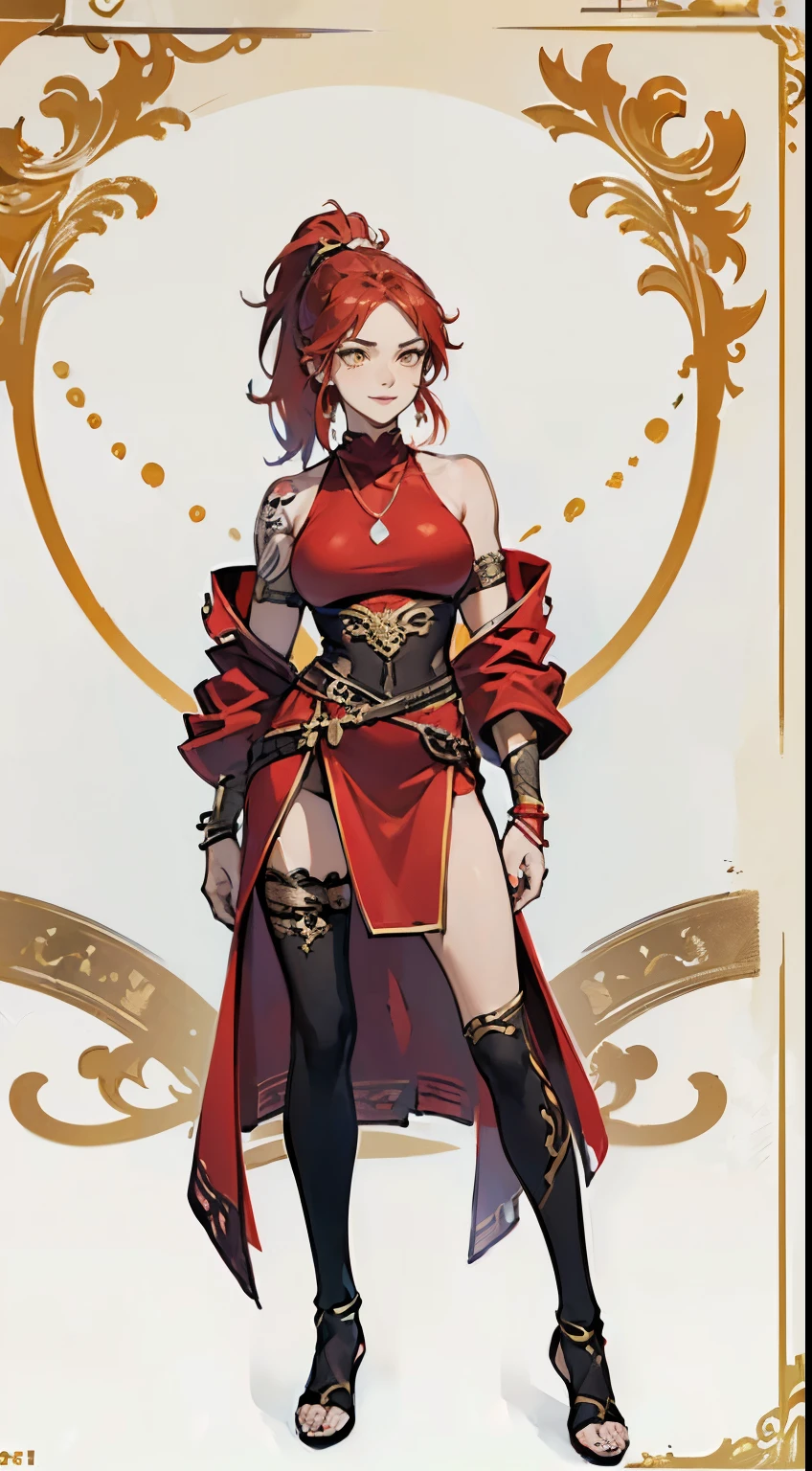 ((masterpiece,best quality,8k,highres)),((character concept art)), 1 female, young female adult, Fire Goddess, 175cm height, straight medium hair, ponytail, (red hair colour), ultra finely detailed eyes (yellow eyes colour), extraordinary gorgeous, charming, (smirk smile), shapely breasts, hourglass body shape ((muscular)), tattoos around body, full tattoos, ((intricate detail)), super finely detailed hands, ultra finely detailed fingers(((ten fingers))), sleeveless warrior outfit (red colour outfit), necklace, earrings, bracelet, (standing still), (full body showcase), (show full body), (no logos on background), (no logo), ((plain background)), ((plain background)), (((empty background)))
