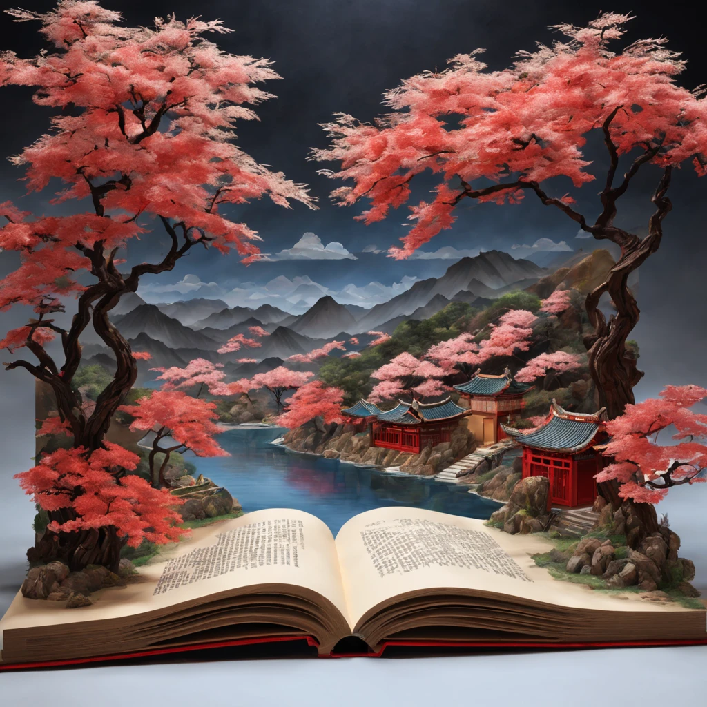 （popup book：1.5）， Cuttings style：A traditional Chinese village is hosting a grand New Year fireworks display。On a cold winter night，Peach Blossom Forest，Red Maple，Rolling hillest qualtiy，4K，8K，A high resolution，tmasterpiece：1.2），super-fine，（realisticlying，照片realisticlying，photoreali：1.37）#Marine art#pop-up books#number art#digitial painting#love art