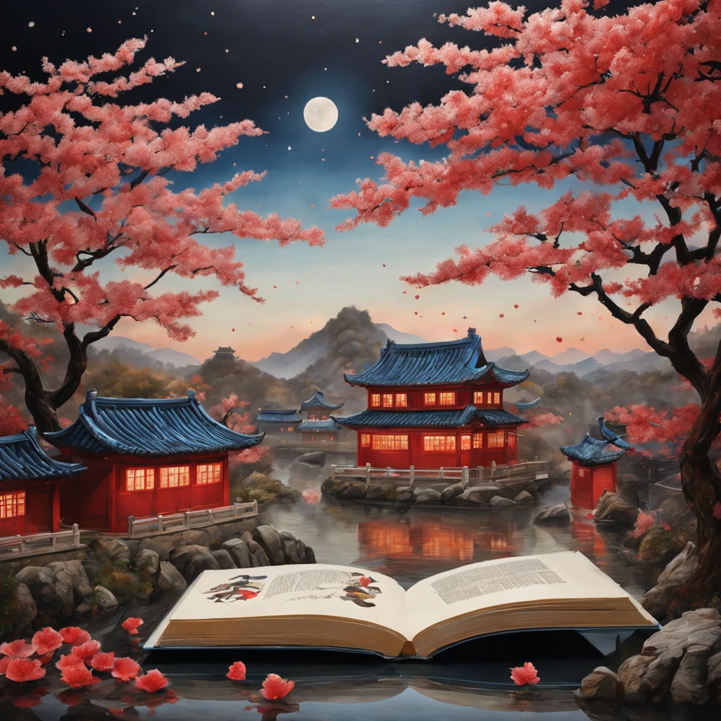 (popup book:1.5), Cuttings style:A traditional Chinese village is hosting a grand New Year fireworks display。On a cold winter night,Peach Blossom Forest,Red Maple,Rolling hillest qualtiy,4K,8K,A high resolution,tmasterpiece:1.2),super-fine,(realisticlying,照片realisticlying,photoreali:1.37)#Marine art#pop-up books#number art#digitial painting#love art