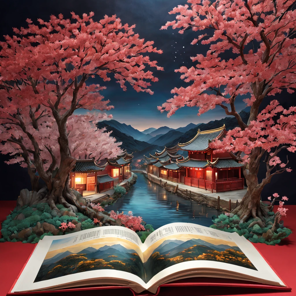 (popup book:1.5), Cuttings style:A traditional Chinese village is hosting a grand New Year fireworks display。On a cold winter night,Peach Blossom Forest,Red Maple,Rolling hillest qualtiy,4K,8K,A high resolution,tmasterpiece:1.2),super-fine,(realisticlying,照片realisticlying,photoreali:1.37)#Marine art#pop-up books#number art#digitial painting#love art