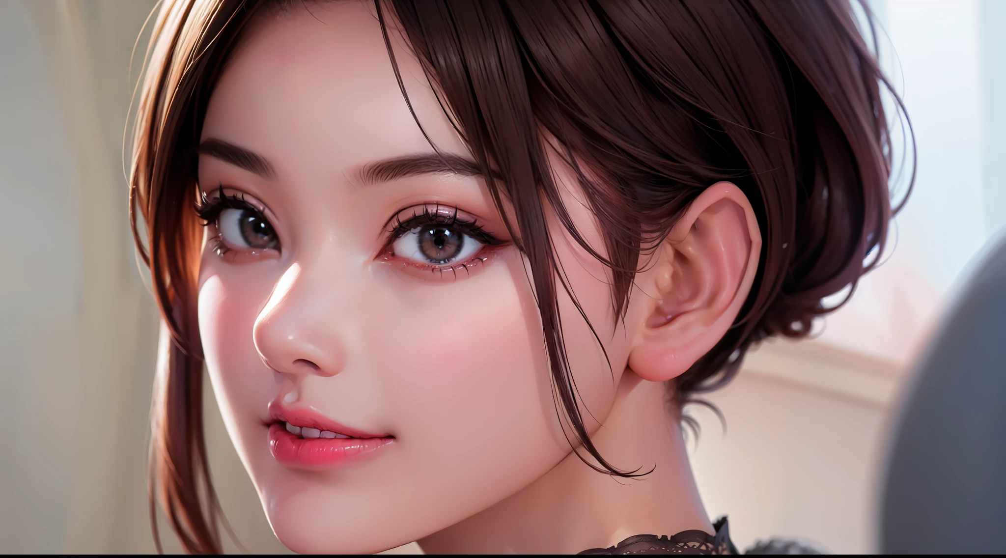 best quality,highres,masterpiece:1.2,ultra-detailed,photorealistic,brown eyes,beautiful detailed eyes,beautiful detailed lips,extremely detailed face,detailed nose,cute girl,smiling,Vanessa,brunette,pink lingerie