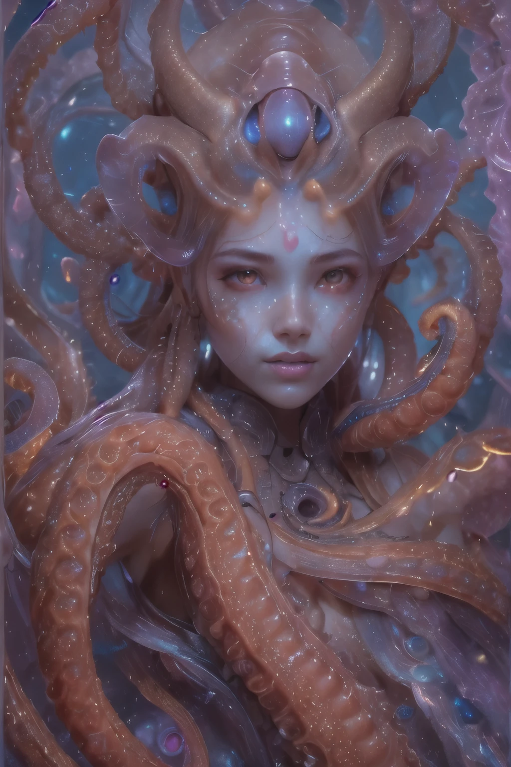Portrait, (beautiful female alien:1.2), (she has red eyes with no pupils:1.8), (Translucent skin:1.7), (There is a female genital-like organ in the middle of the forehead:1.9), (The most beautiful face in the history of the universe:1.2),an evil gaze that seduces, (large mouth:1.1), (sharp teeth like a vampire:1.2), Full body like, (bio luminescent:1.5), (Smile wickedly:1.3), (sexypose:1.5), alien, No humans, cells are fused, (Lots of translucent tentacles:1.3) extraterrestrial, cell, bio image, Best Quality, 8K,4K_quality, High Definition, Dramatic Lighting, masutepiece:1.5,cinematic quality, detail up, (Intricate details:1.2), High resolution, High Definition, drawing faithfully, (Thick eyebrows:1.2), Beautiful eyes with fine symmetry,(Highly detailed face and eyes:1.2), Intimate face, (Super detailed skin quality feeling:1.4), Perfect Anatomy, (Beautiful toned body:1.5), (Moist skin:1.2), No makeup, (dark circles:1.1), long canines, cinematic drawing of characters, ultra high quality model, cinematic quality, detail up, (Intricate details:1.2), High resolution, High Definition, drawing faithfully, Official art, Unity 8K wall , 8K Portrait, Best Quality, Very High resolution, ultra detailed artistic photography, midnight aura, unreal enginee 5, Ultra Sharp Focus, art by alberto seveso, ArtGerm, Roisch, intricate artwork, best quality, masutepiece, ultra High resolution, (photos realistic:1.4), Ultra-realistic realism, dream-like, nautilus, Creation of fantasy, Snail, Dream Snail, biopunk nautilus, Thrilling color schemes, Ultra-realistic realism, seductively smiling, Blue tentacles,