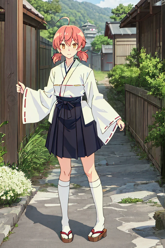 , {White kimono:1.35}, {Red Hakama:1.35}, {Wide sleeves:1.20},Best Quality, masutepiece, hight resolution, Solo, {Koito_excellent_Naru at the station in yag:1.15}, Twin-tailed, Short_Twin-tailed, Low_Twin-tailed, brown_Eyes, Ahoge, shrines、Full body viewer、shrine maiden clothe