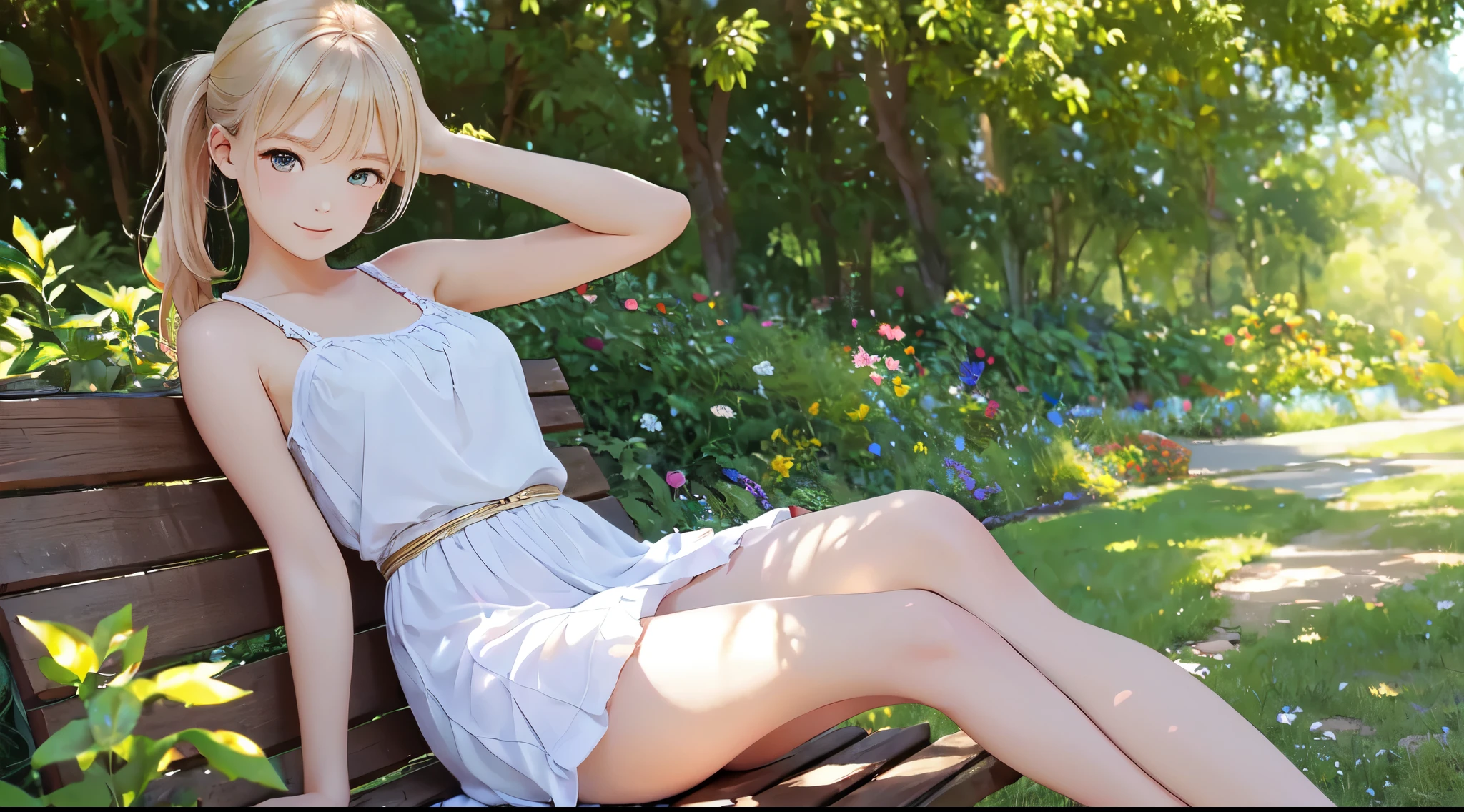 (lovely,beautiful) girl,sitting on a bench,looking straight at camera,ponytail on the side,(bright sunshine:1.2),(pastel colors,soft colors),(dreamlike,whimsical),(sharp focus),(delicate and detailed face),sparkling eyes,rosy cheeks,(sweet smile),(natural beauty),(lush greenery,floral surroundings),(peaceful atmosphere),(colorful flowers in the background),(soft sunlight streaming through the leaves),(comfortable seating),(subtle shadow and highlights),(high-quality details and textures),(professional photography),(portrait),(vivid colorokeh effect),(airy and light),(soft and natural lighting),(outdoor scene),(relaxed and calm mood),(serene expression),(gentle breeze),(sunny day),(harmony and balance) tank top, short skirt