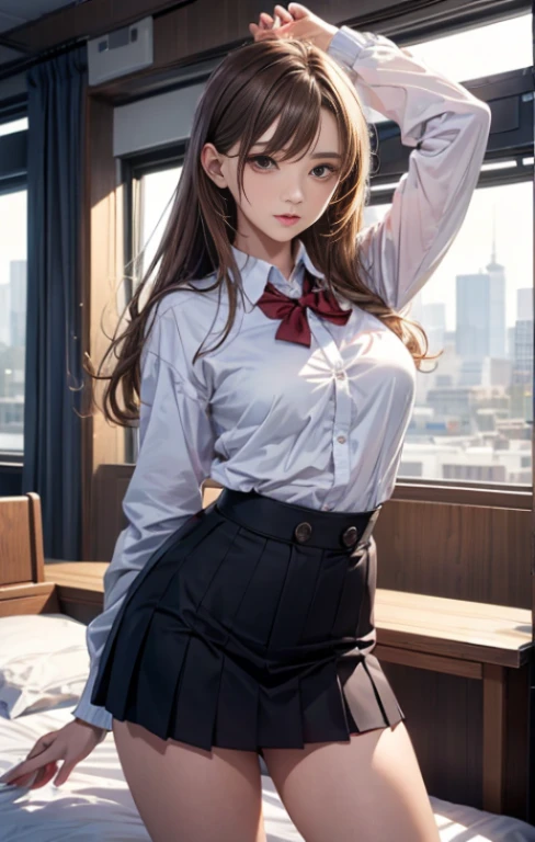 (masterpiece),(top-quality:1.2), (1girl in,22year old:1.4), (masuter piece:1.3),exquisitedetails, top-qualityの8K解像度, Ultra-detailed, Realistic, Vibrant colors, Soft tones, With warm and gentle lighting, (High school girl uniform with open chest:1.3), (Brown hair straight:1.5), (Light bangs:1.3), (Lustrous hair), (Red eyes:1.3), big breasts, Thin waist, toned buttocks, (long limbs:1.3), bedroom