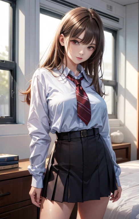 (masterpiece),(top-quality:1.2), (1girl in,22year old:1.4), (masuter piece:1.3),exquisitedetails, top-qualityの8K解像度, Ultra-detailed, Realistic, Vibrant colors, Soft tones, With warm and gentle lighting, (High school girl uniform with open chest:1.3), (Brown hair straight:1.5), (Light bangs:1.3), (Lustrous hair), (Red eyes:1.3), big breasts, Thin waist, toned buttocks, (long limbs:1.3), bedroom
