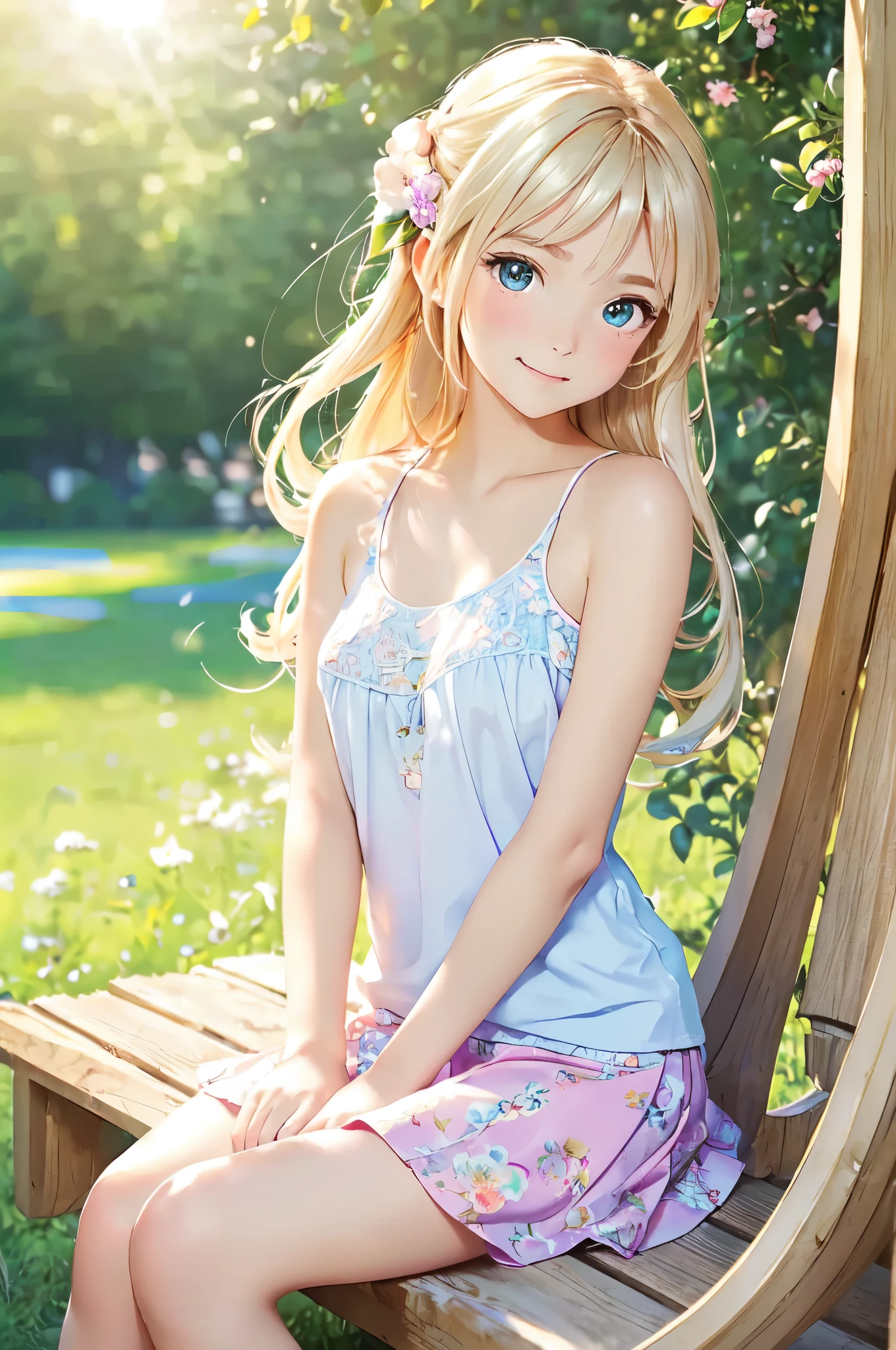 (lovely,beautiful) girl,sitting on a bench,looking straight at camera,ponytail on the side,(bright sunshine:1.2),(pastel colors,soft colors),(dreamlike,whimsical),(sharp focus),(delicate and detailed face),sparkling eyes,rosy cheeks,(sweet smile),(natural beauty),(lush greenery,floral surroundings),(peaceful atmosphere),(colorful flowers in the background),(soft sunlight streaming through the leaves),(comfortable seating),(subtle shadow and highlights),(high-quality details and textures),(professional photography),(portrait),(vivid colorokeh effect),(airy and light),(soft and natural lighting),(outdoor scene),(relaxed and calm mood),(serene expression),(gentle breeze),(sunny day),(harmony and balance) tank top, short skirt