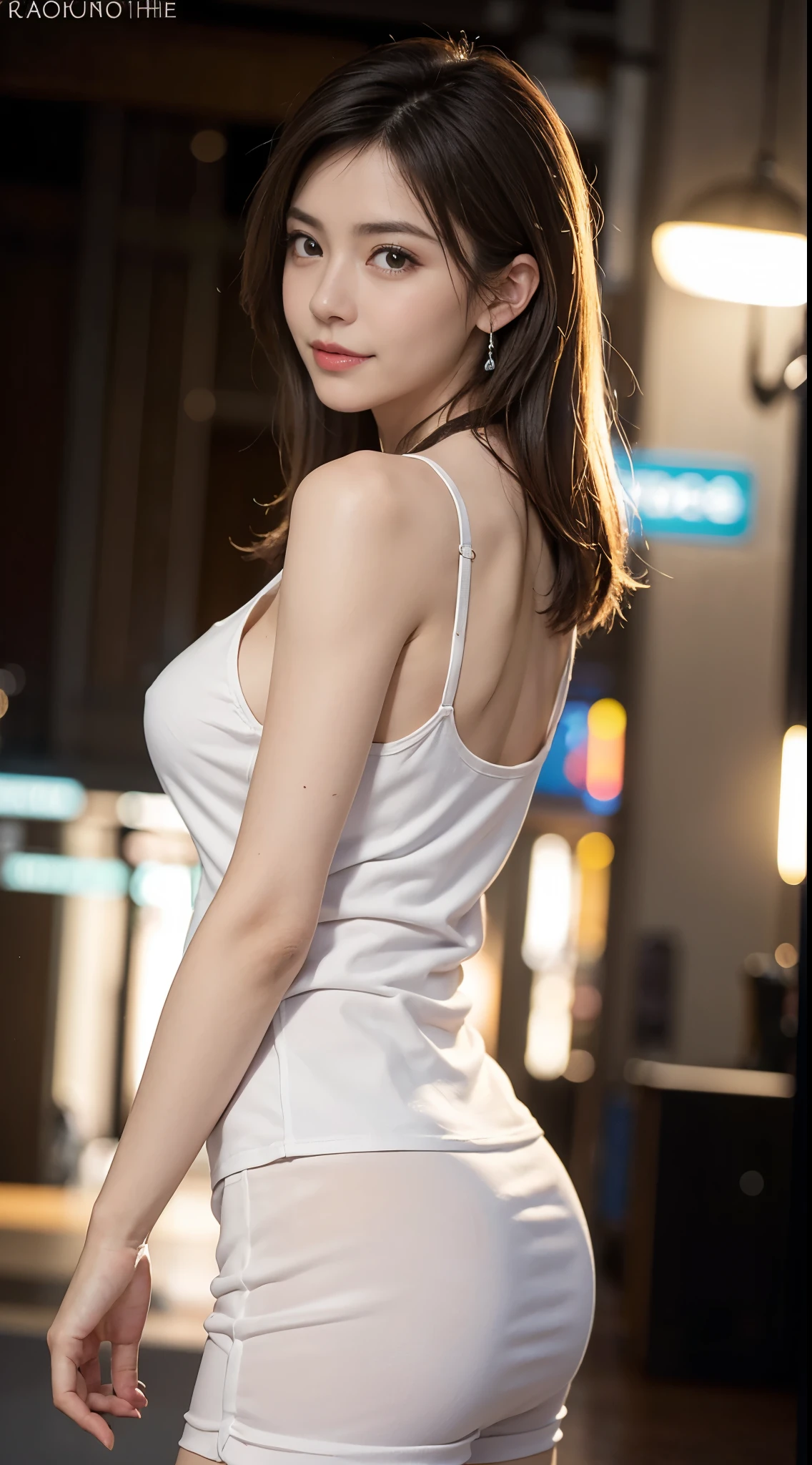 8k, Masutepiece, Foto RAW, La mejor calidad, fotorrealista, fondo de pantalla CG Unity 8k altamente detallado, Profundidad de campos, cinematiclight, Destello de lente, Trazado de rayos, (cara extremadamente hermosa, labios hermosos, Hermosos ojos), Cara de detalle intrincado, ((Piel ultra detallada)) 1chica en, A oscuras, sombra profunda, Bonita chica coreana, Kpop idol, 1 girl, (Cuerpo musculoso muy delgado y delgado:1.3), ((Mirando al espectador)),(gran sonrisa:1.3), (Medianoche, Una noche oscura, (neon sign), (fondo borroso), luz corta), (No hay personas en segundo plano:1.3), Hermosos pendientes, Pulseras, collar, pantys, ojos claros, doblamiento , Disparo frontal, (Pale skin), (Gran mirada hacia adelante, (Toma de cuerpo completo), (brown hairs), Ombligo abierto, (Mirando al espectador:1.3), muy delgado, senos medianos, (dedo del pie de camello), muslos gruesos, Go back, (mini vestido ondeante), ((Vestidos de cuello blanco)), (Falda ajustada), ((retroceder, Tiro trasero)), (Ultra minifalda), expuesto, (Tiro de falda ascendente)