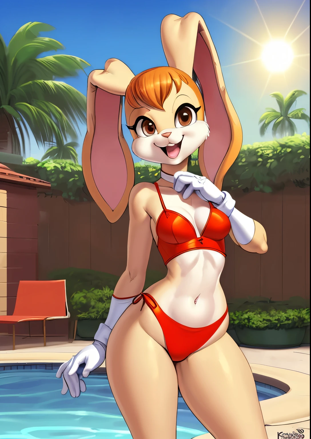 1girl, blue ribbon, neck ribbon, solo, looking at viewer, smile, open mouth, background, gloves, detailed background, outside, pool, water, animal ears, brown eyes, full body, white gloves, bright Sun, rabbit tail, rabbit ears, red swimsuit, navel, furry, rabbit girl, furry female, animal nose, orange dress, cream the rabbit , sonic the hedgehog \(series\), masterpiece, best quality, uploaded on e632, (((by kevinsano, by avante92, by tenshigarden))), (two ears:1.2),