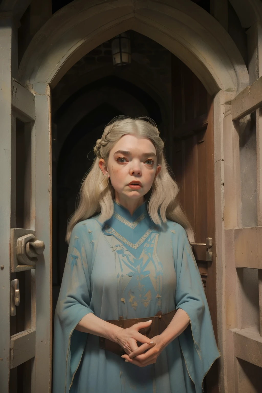 1170, Kingsbridge, England. Otherworldly scene in a medieval archway, ((((61-year-old)) Anya Taylor-Joy)), old, wrinkles, grey hair, witch, accusing finger, trial, ((furious and feral expression)), ((((tunic from the 12th century)))), ((Hairstyle of the 12th century)), ((Wes Anderson cinematic style)), colorful