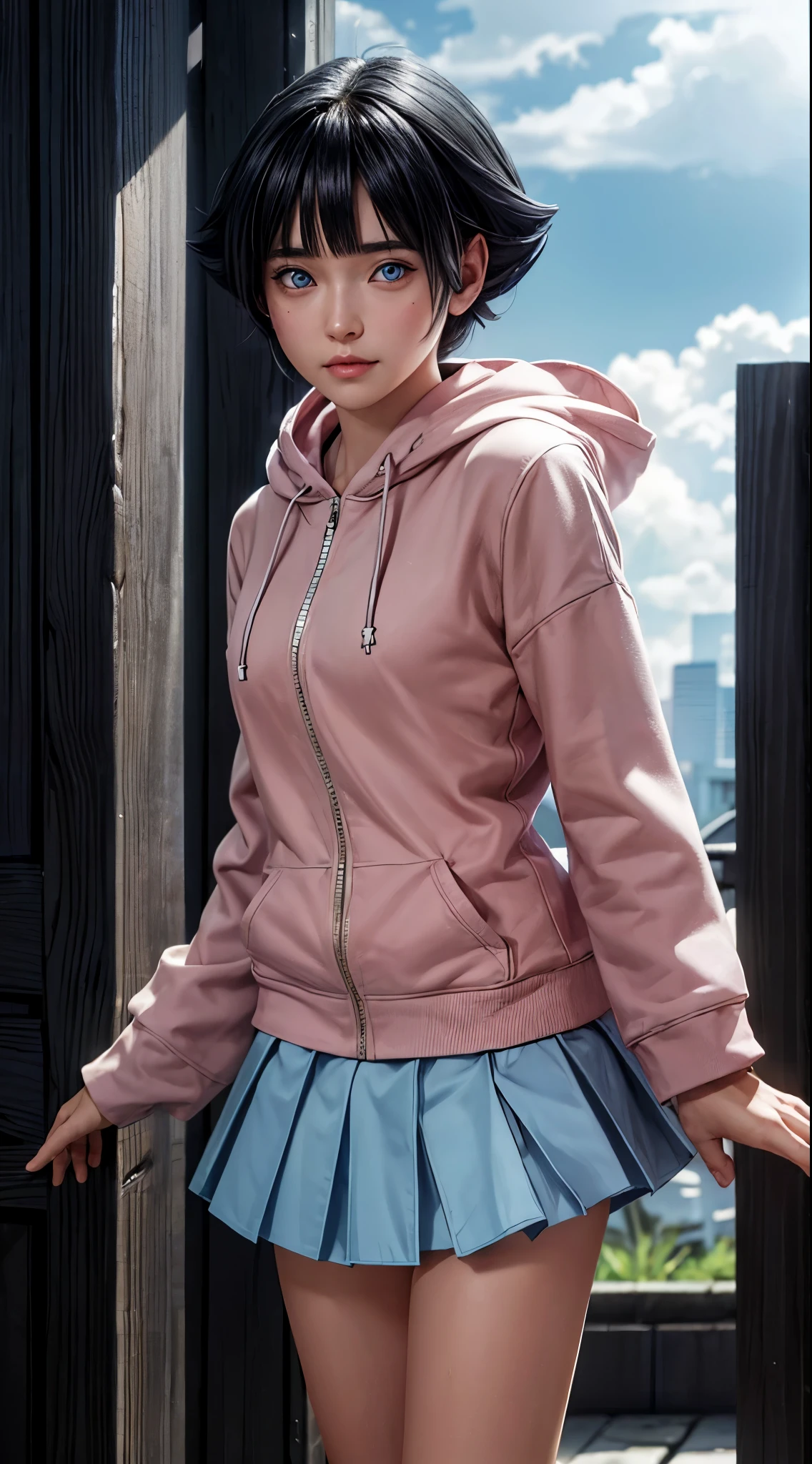 1girl :8k, best quality, masterpiece, realistic, ultra detail, photo realistic, hyper realistic, smooth lighting, increase cinematic lighting quality, realistic lighting, backlighting, brightening light, Increase quality, best quality real texture skin , cute face, beautiful details eyes,,perffect charakter real life ,( Uzumaki Himawari ) ,(Boruto: Naruto next Generation) , Anime from realistic , ultra high quality , detailed short , photo raw , solo ,cute girl  , outtfit detail , blue eyes, black hair, blunt bangs, facial mark, whisker markings, ahoge, smile,BREAK skirt, long sleeves, hoodie, hood down, pink skirt, yellow hoodie,BREAK outdoors, city, sky, clouds, sun,BREAK looking at viewer , high resolution, unity , (illustration:8k), (beautiful detailed eyes, extremely detailed face, perfect lighting, extremely detailed CG, (perfect hands, perfect anatomy), beautiful,  cute girl,  still just a ager,  beautiful face,  blue eyes,  short hair,  full body style ,  turn anime into realistic,  with detailed characters, realism