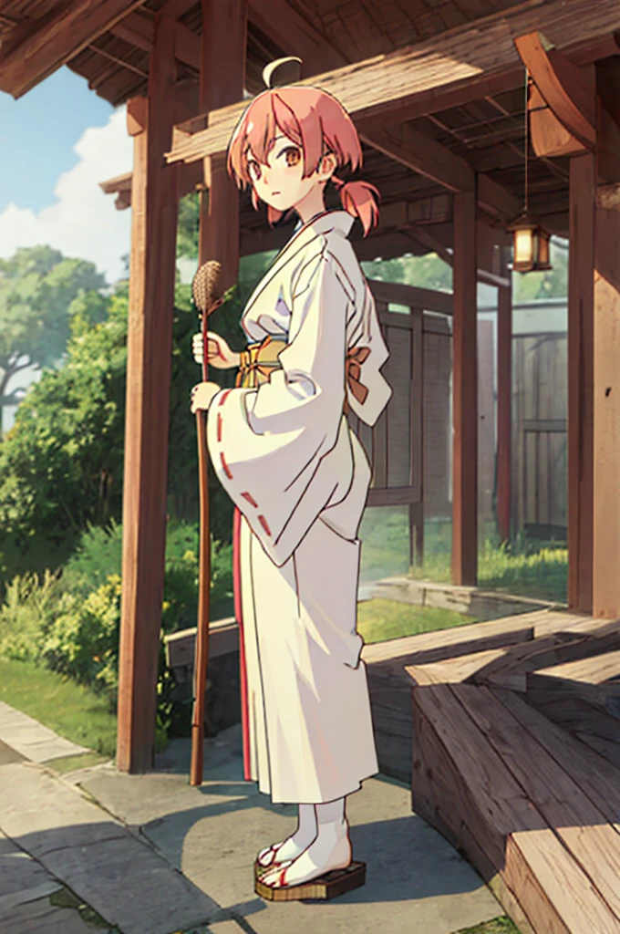 , {White kimono:1.35}, {Red Hakama:1.35}, {Wide sleeves:1.20},Best Quality, masutepiece, hight resolution, Solo, {Koito_excellent_Naru at the station in },、Twin-tailed, Short_Twin-tailed, Low_Twin-tailed, brown_Eyes, Ahoge, shrines、Full body viewer、shrine maiden clothe