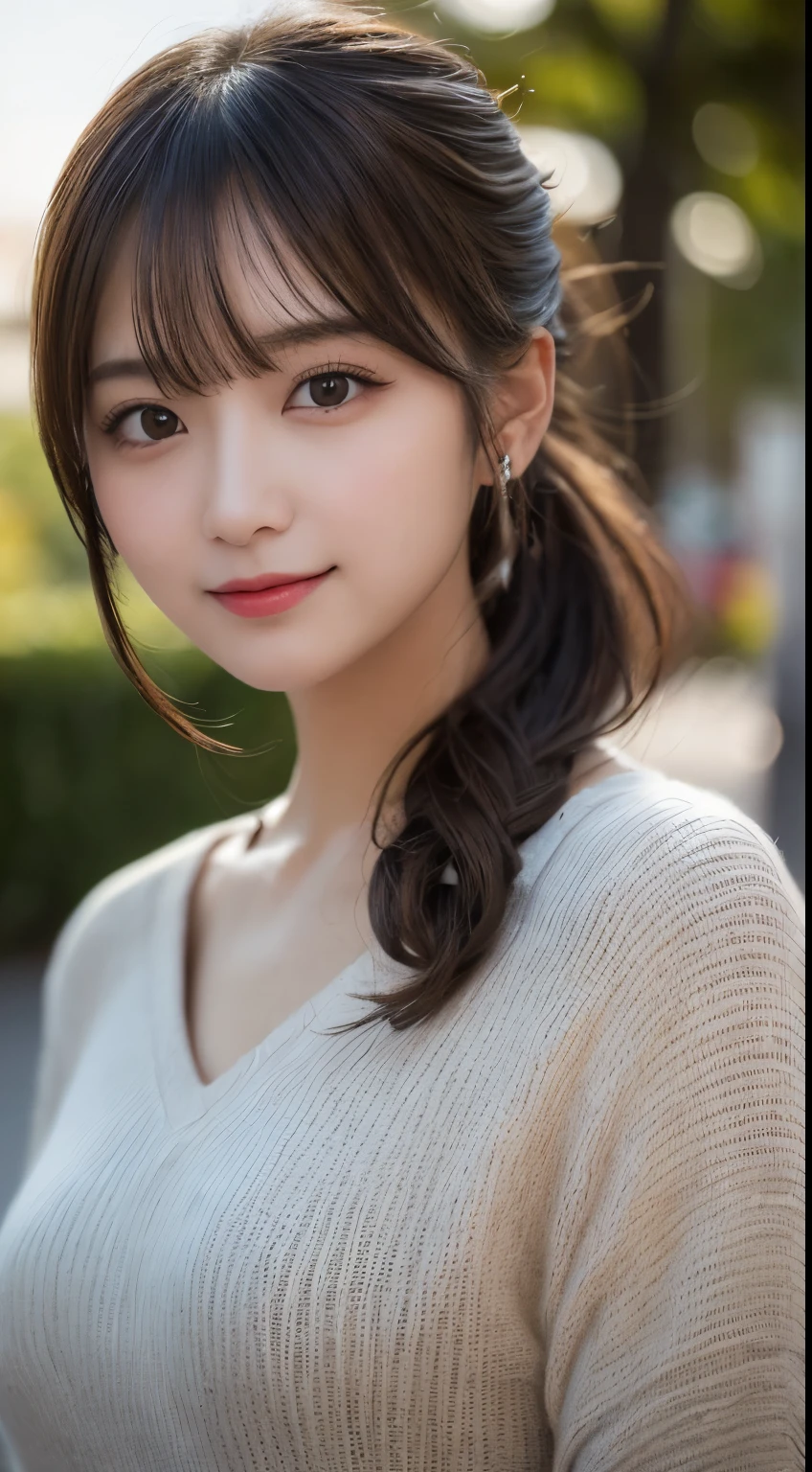 masutepiece, Best Quality, Illustration, Ultra-detailed, finely detail, hight resolution, 8K Wallpaper, Perfect dynamic composition, Beautiful detailed eyes, Elegant and gorgeous winter clothes,Ponytail hair,Small breasts natural color lip, Bold sexy poses,Smile,Harajuku、20 years girl、Cute、Sexy shot looking at camera、Blur the background、Blur the background、Beautiful detailed face、Perfect and beautiful face、Blur the background、Blur the background、Blur the background