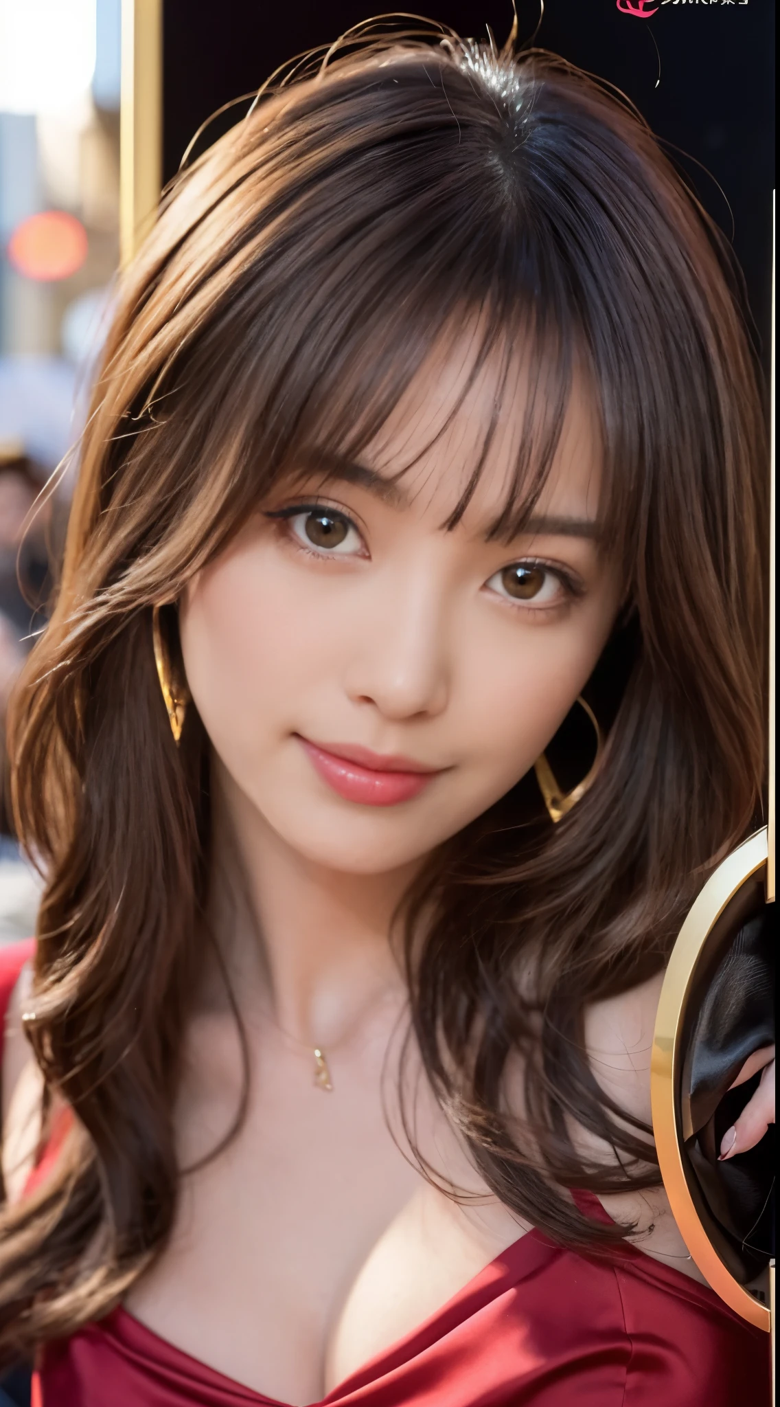 (Best Quality, masutepiece, photographrealistic, ultra-detailliert, 超A high resolution, raw:1.3), (4 girls, Beautiful Japan actress, 25 years old), double iris), (Smile), Detailed face, She has big ring earrings and red eyeshadow makeup.。，Bright blonde delicate mid-cut hair，The ends of the hair are wavy，Classy hairstyle，Detailed eyes, (Actress with slender figure，small tits, Smaller hips, sideboob barbosa), (Butt crack, naked waist, Bare back:1.3), (sexy silk embroidered mermaid dress:1.2), (from behind), up looking_で_viewer, BREAK black long hair, BREAK (Ceremony, Red carpet, Large crowds:1.5),My butt is also exposed，Profile beauty，