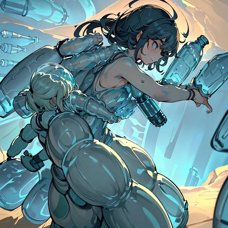 A liquid glass girl who serves an extremely unstable anti-gravity bottle armor.、condensation、Amazing dynamism、Amazing Angle、Sandstorm of unstable lift and buoyancy、((((((Many friendly bottles closely fused and chased each other))))))、((((eroding and tickling each other'jar of))))、
