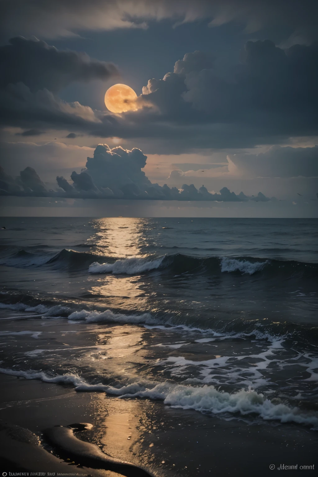 Van gogh waves style Orange moon at the night sea