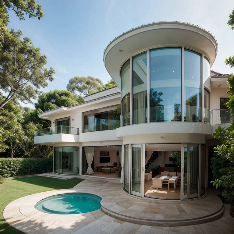 A two-story villa with curved lines and a glass terrace and a view of curved glass, next to greenery and trees.