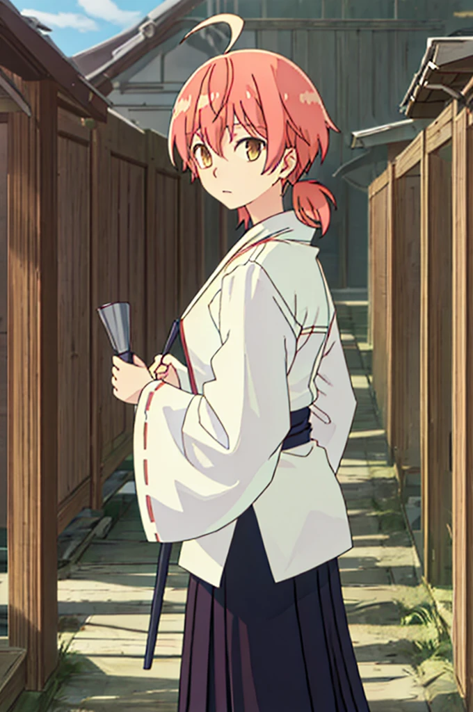 {White kimono:1.35}, {Red Hakama:1.35}, {Wide sleeves:1.20},Best Quality, masutepiece, hight resolution, Solo, {Koito_excellent_Ekimininaru in yag:1.15 },、Twin-tailed, Short_Twin-tailed, Low_Twin-tailed, brown_Eyes, Ahoge, shrines、the viewer、shrine maiden clothe