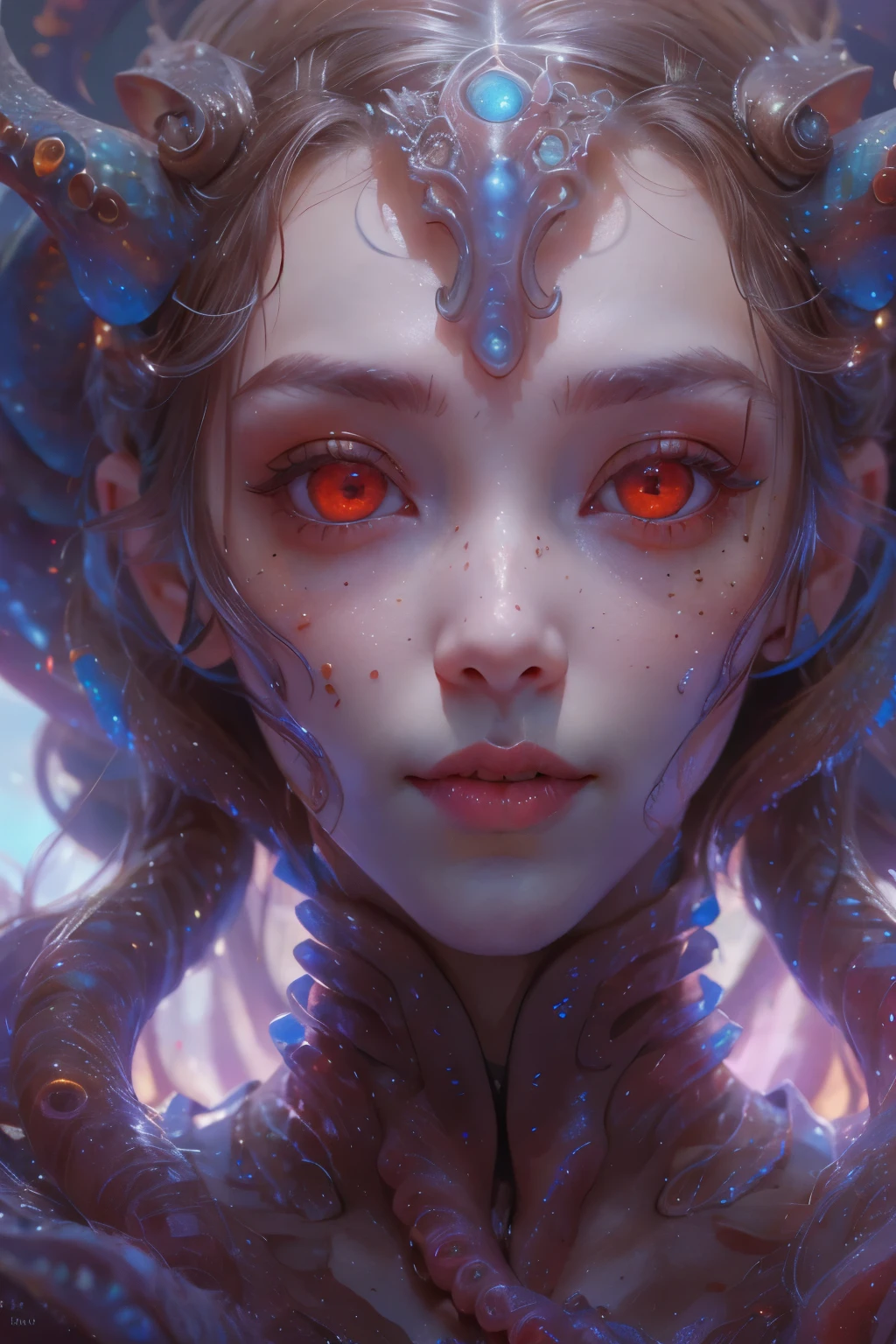 Portrait, (beautiful female alien:1.2), (she has red eyes with no pupils:1.8), (Translucent skin:1.7), (There is a female genital-like organ in the middle of the forehead:1.9), (The most beautiful face in the history of the universe:1.2),an evil gaze that seduces, (large mouth:1.1), (sharp teeth like a vampire:1.2), Full body like, (bio luminescent:1.5), (Smile wickedly:1.3), (sexypose:1.5), alien, No humans, cells are fused, (Lots of translucent tentacles:1.3) extraterrestrial, cell, bio image, Best Quality, 8K,4K_quality, High Definition, Dramatic Lighting, masutepiece:1.5,cinematic quality, detail up, (Intricate details:1.2), High resolution, High Definition, drawing faithfully, (Thick eyebrows:1.2), Beautiful eyes with fine symmetry,(Highly detailed face and eyes:1.2), Intimate face, (Super detailed skin quality feeling:1.4), Perfect Anatomy, (Beautiful toned body:1.5), (Moist skin:1.2), No makeup, (dark circles:1.1), long canines, cinematic drawing of characters, ultra high quality model, cinematic quality, detail up, (Intricate details:1.2), High resolution, High Definition, drawing faithfully, Official art, Unity 8K wall , 8K Portrait, Best Quality, Very High resolution, ultra detailed artistic photography, midnight aura, unreal enginee 5, Ultra Sharp Focus, art by alberto seveso, ArtGerm, Roisch, intricate artwork, best quality, masutepiece, ultra High resolution, (photos realistic:1.4), Ultra-realistic realism, dream-like, nautilus, Creation of fantasy, Snail, Dream Snail, biopunk nautilus, Thrilling color schemes, Ultra-realistic realism, seductively smiling, Blue tentacles,